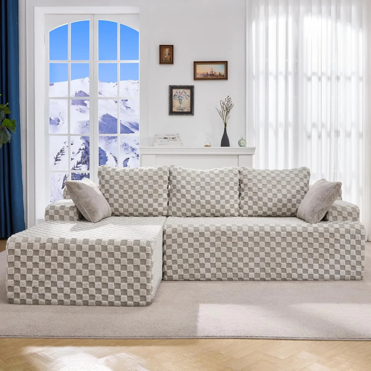 Modular Sectional Sofa Couches L-Shape Couch 3 Seat Modular Sofa Memory Foam Sectional Couches for Living Room, Cloud Couch with Oversized Chaise (Grey Stripe, 96" Left Facing Chaise)