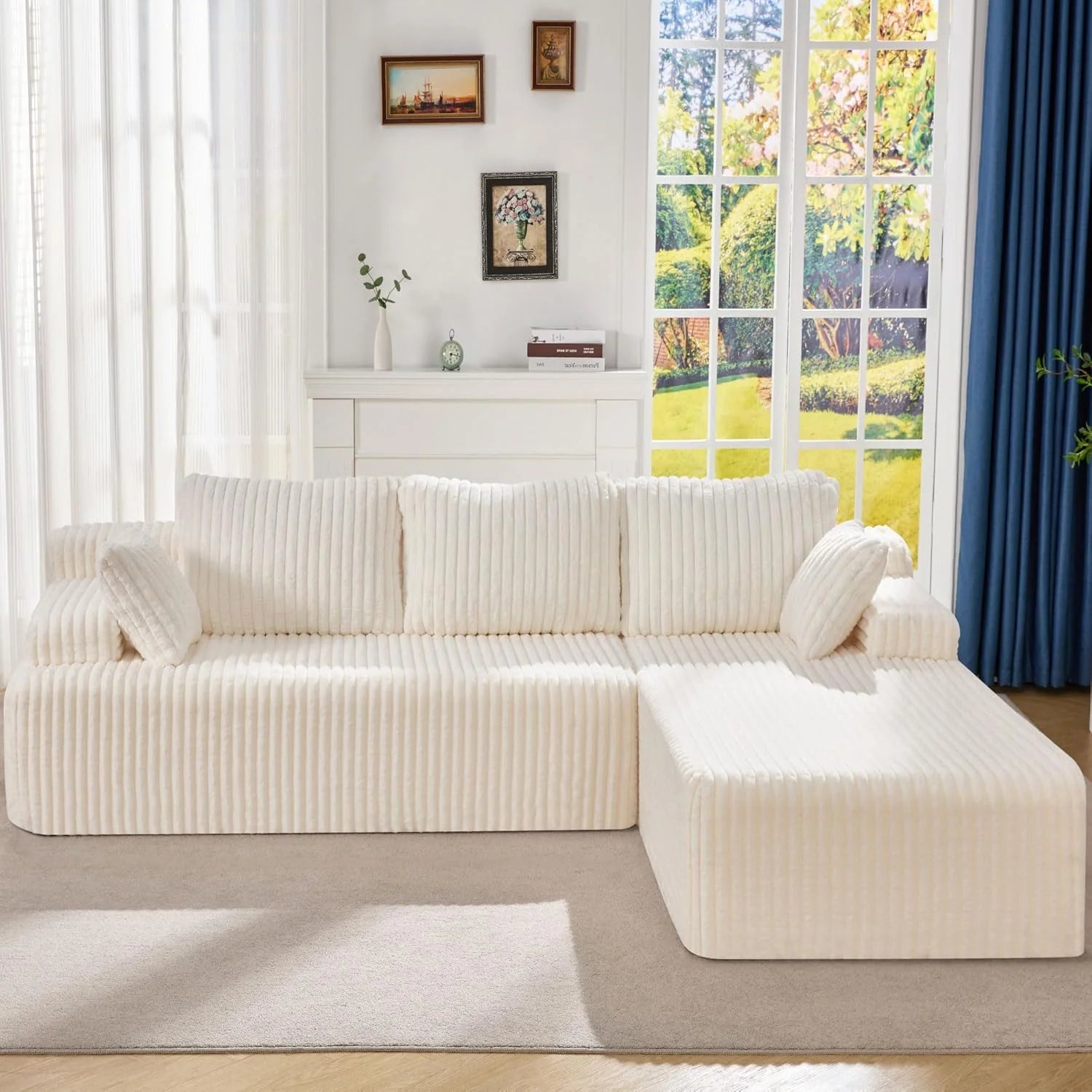 Modular Sectional Sofa Couches L-Shape Couch 3 Seat Modular Sofa Memory Foam Sectional Couches for Living Room, Cloud Couch with Oversized Chaise (Grey Stripe, 96" Left Facing Chaise)