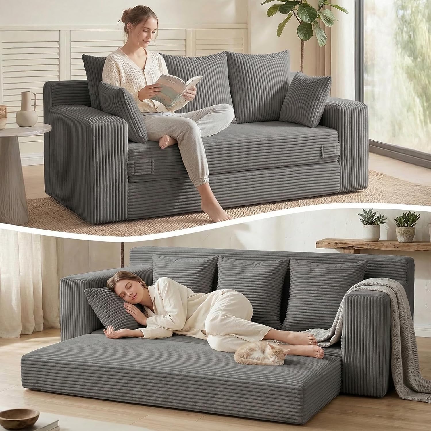 Loveseat Boneless Convertible Sofa Bed, Folding Floor Futon Sleeper Sofa Couch Bed- Boneless Foldable Couch, Corduroy Pull Out Sofa Bed with 2 Pillows for Living Room & Bedroom