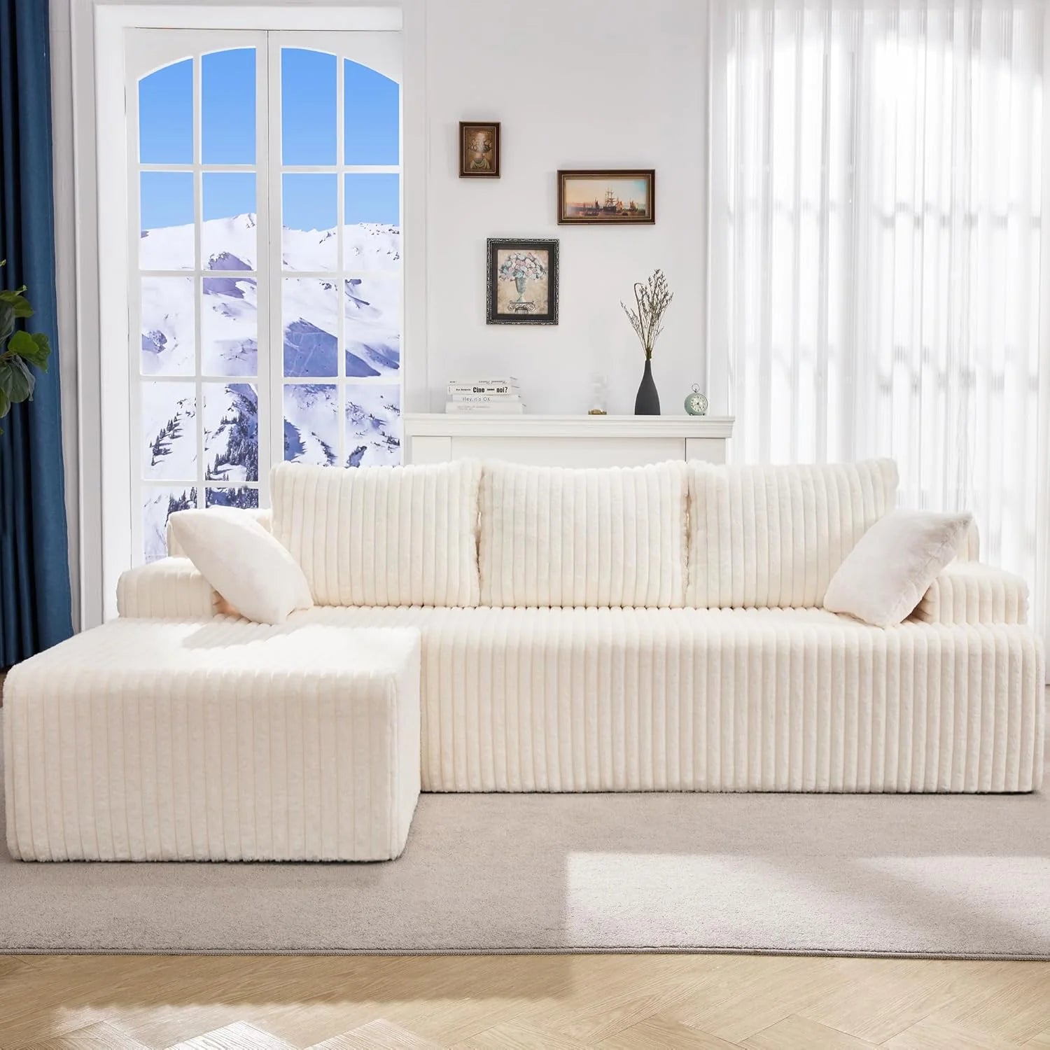 Modular Sectional Sofa Couches L-Shape Couch 3 Seat Modular Sofa Memory Foam Sectional Couches for Living Room, Cloud Couch with Oversized Chaise (Grey Stripe, 96" Left Facing Chaise)