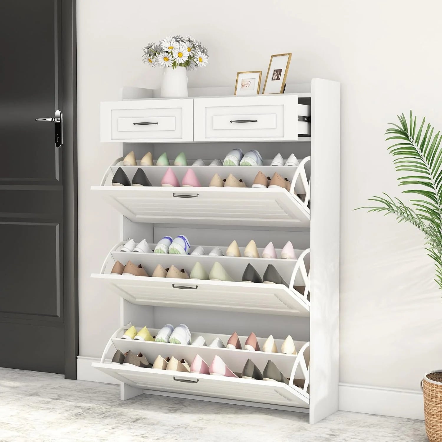 Shoe Cabinet with 3 Large Flip Drawers & 2 Storage Drawers, Narrow Shoe Organizer Cabinet Fits