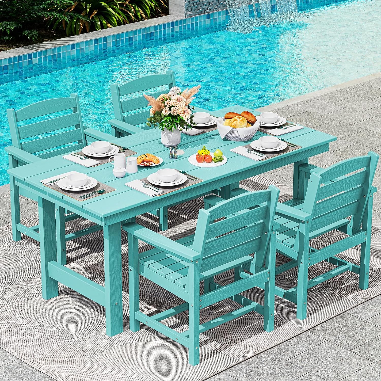 SERWALL 7-Piece Patio Dining Table Sets, Outdoor HDPE Dining Furniture Set with Umbrella Hole Cut-Out Table and 6 Chairs, Blue