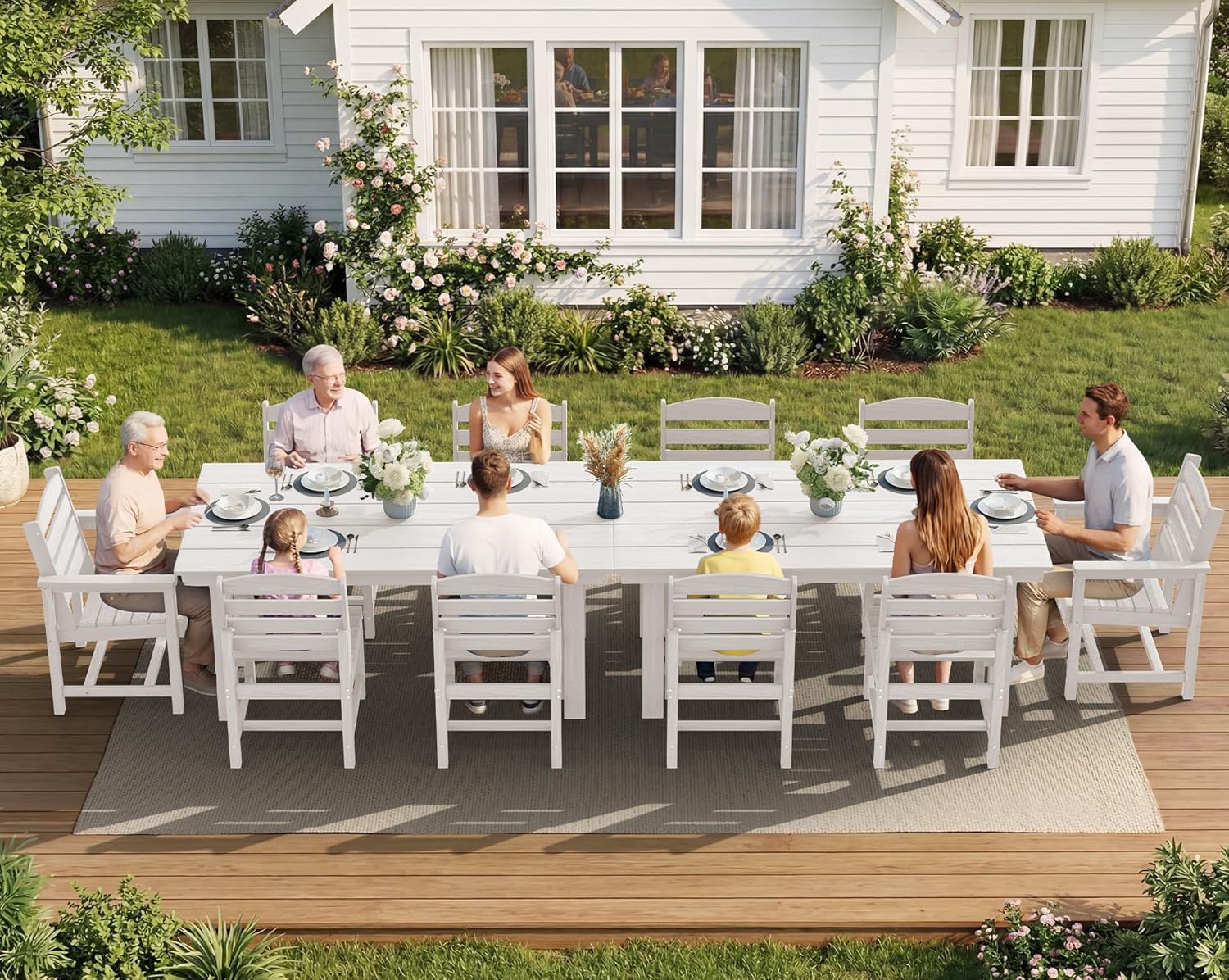 SERWALL 7-Piece Patio Dining Table Sets, Outdoor HDPE Dining Furniture Set with Umbrella Hole Cut-Out Table and 6 Chairs, Blue