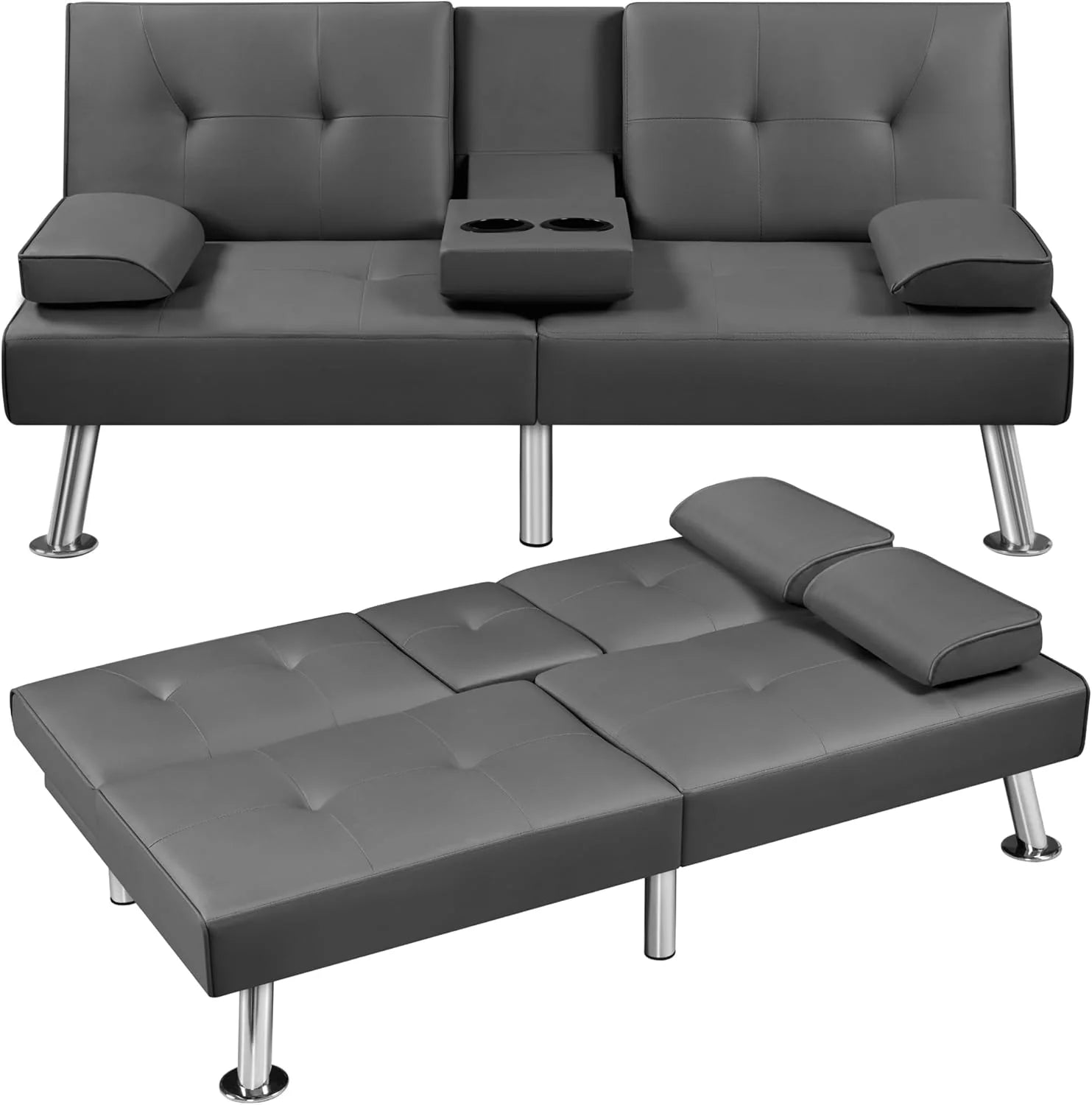 Yaheetech Convertible Sofa Bed Adjustable Couch Sleeper Modern Faux Leather Home Recliner Reversible Loveseat Folding Daybed Guest Bed, Removable Armrests, Cup Holders, 3 Angles, 772lb Capacity, Brown