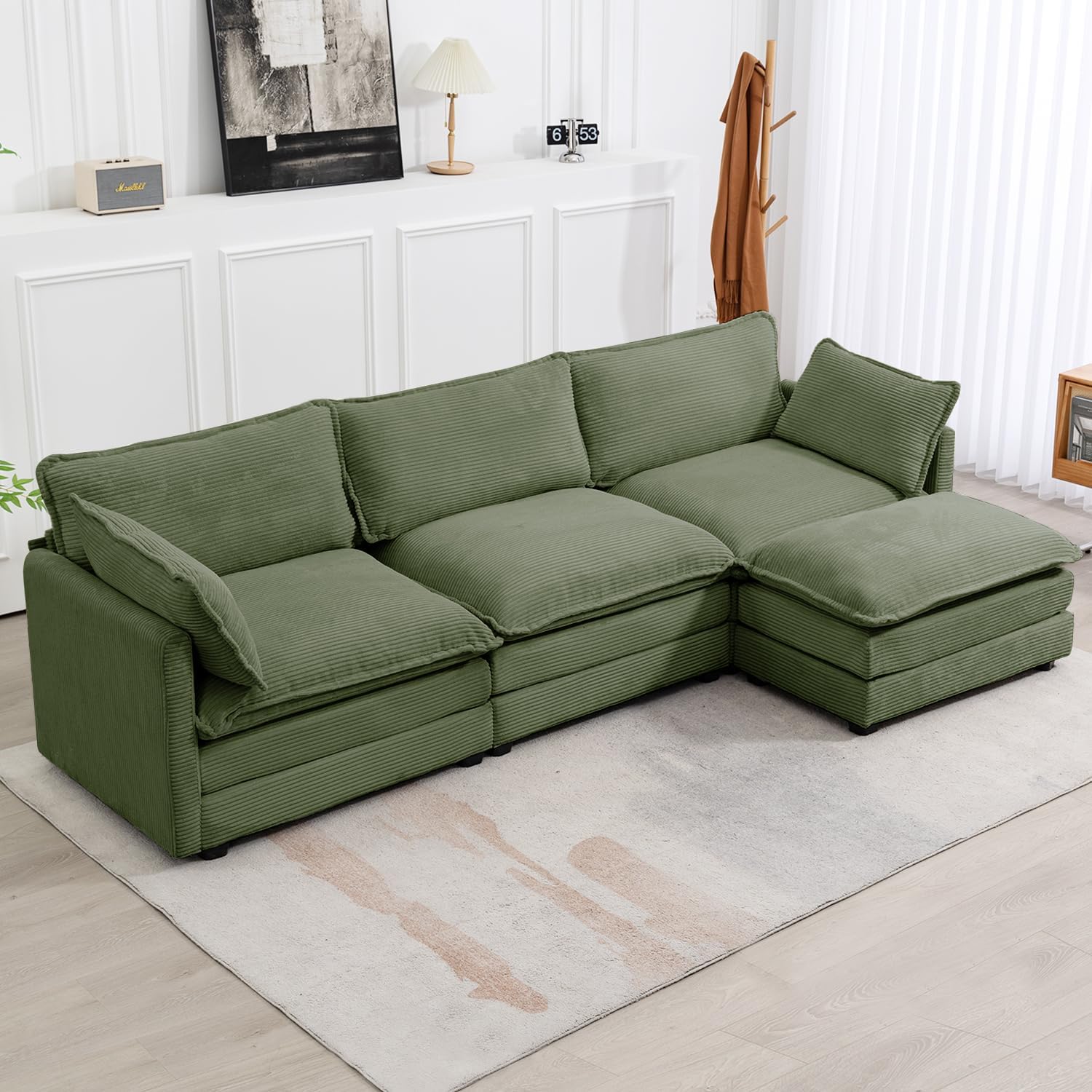 ROWHY Oversized Modular Sectional Sofa with Movable Ottoman, 112 Inch 4 Seat Modern Corduroy Sofa Set, Convertible L Shaped Couch for Living Room and Office, Beige