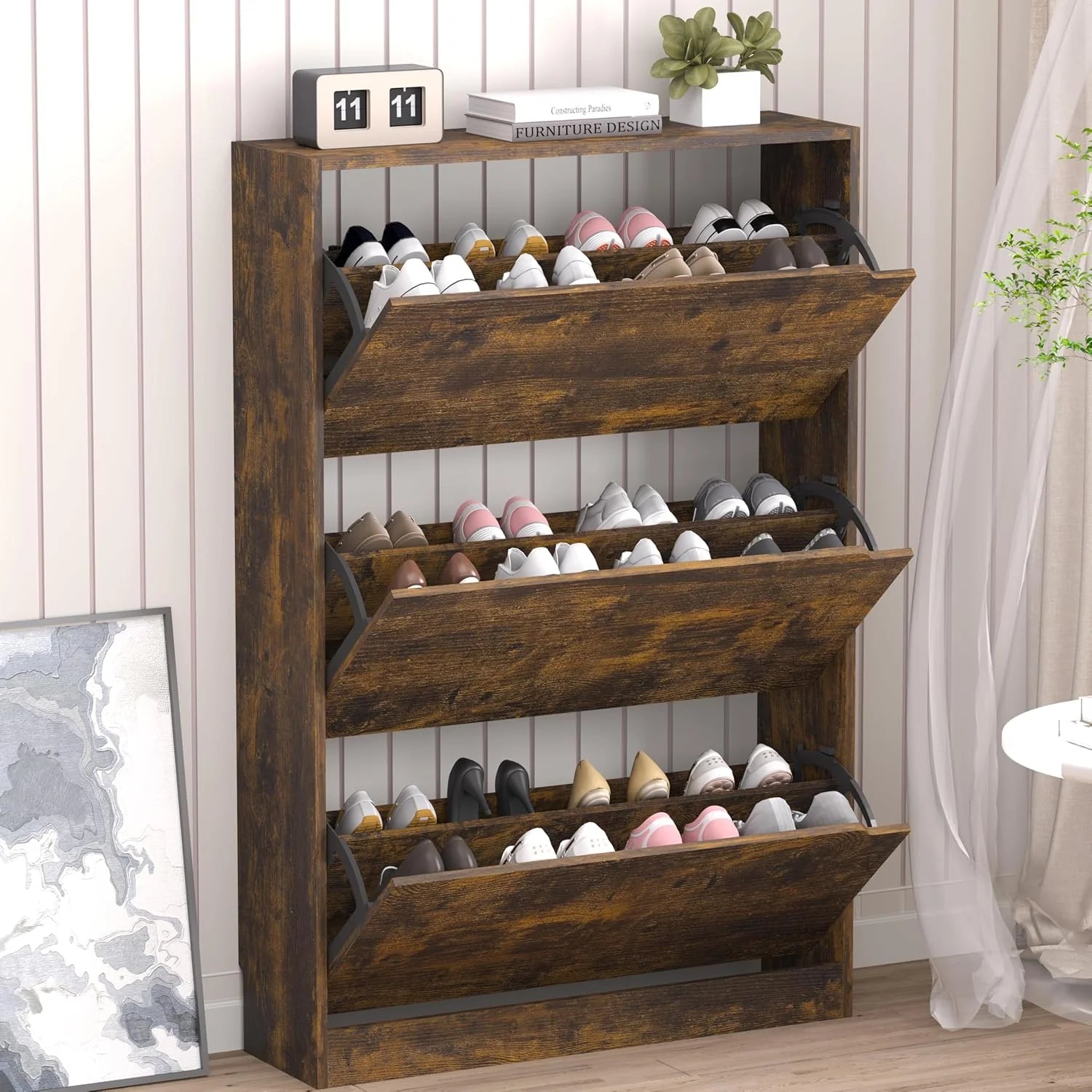 Shoe Cabinet with 3 Flip Drawers, Hidden Wood Shoe Cabinet,Freestanding Shoe Storage Cabinet