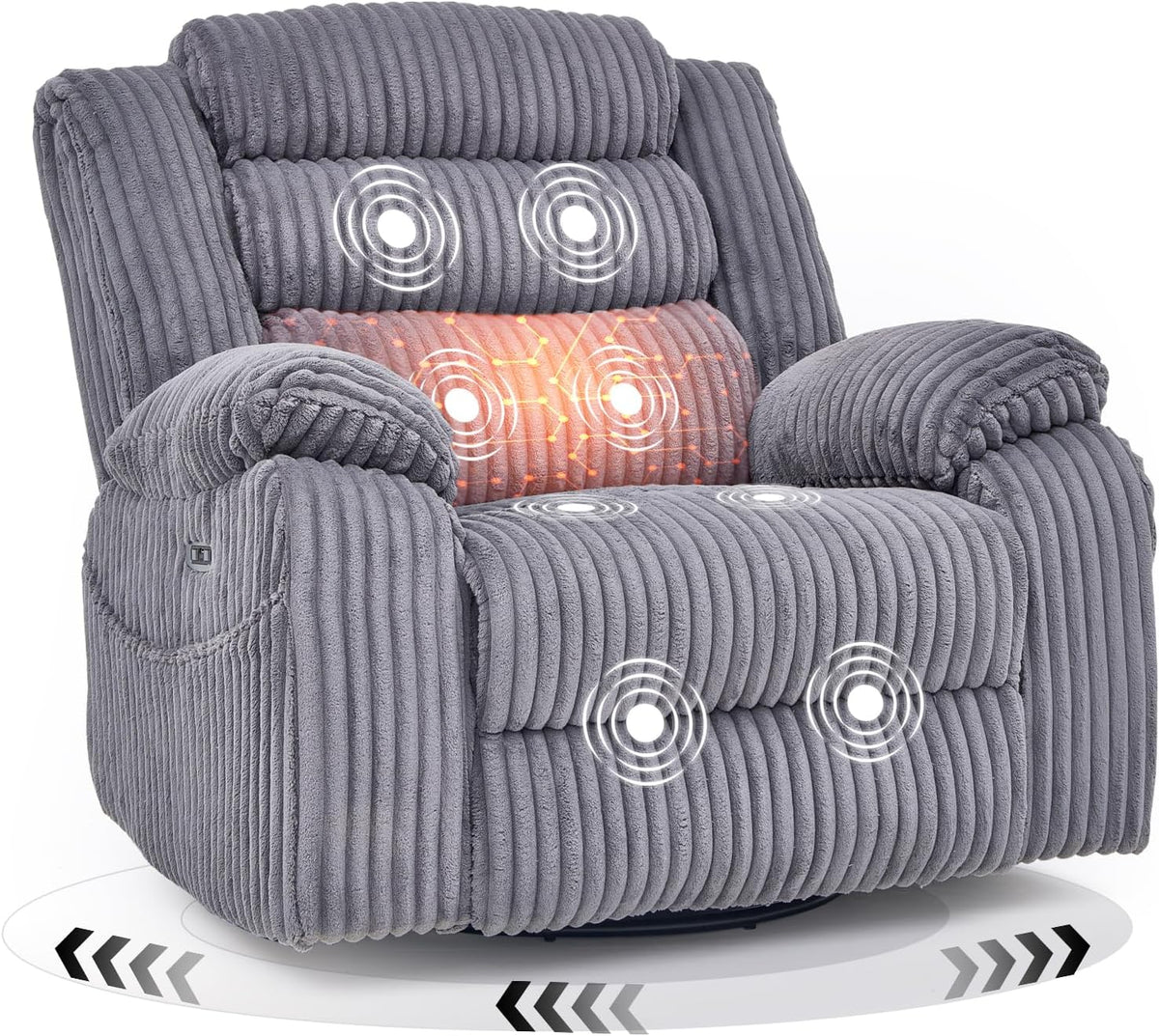 Electric rotary rocker lounge chair for adults with massage and calories, USB and C charging ports
