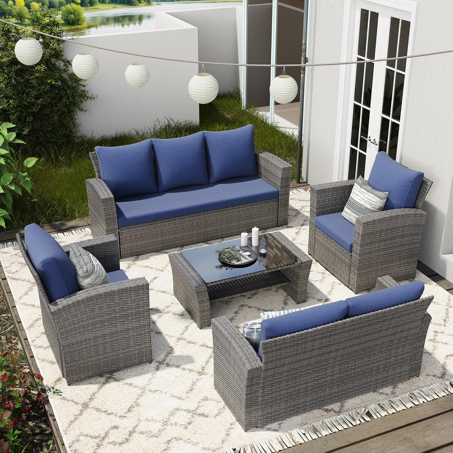 Wisteria Lane 4 Piece Patio Furniture Set, Wicker Outdoor Patio Conversation Furniture Set, All Weather Outdoor Patio Sofa with Cushion and Glass Table, Navy Blue
