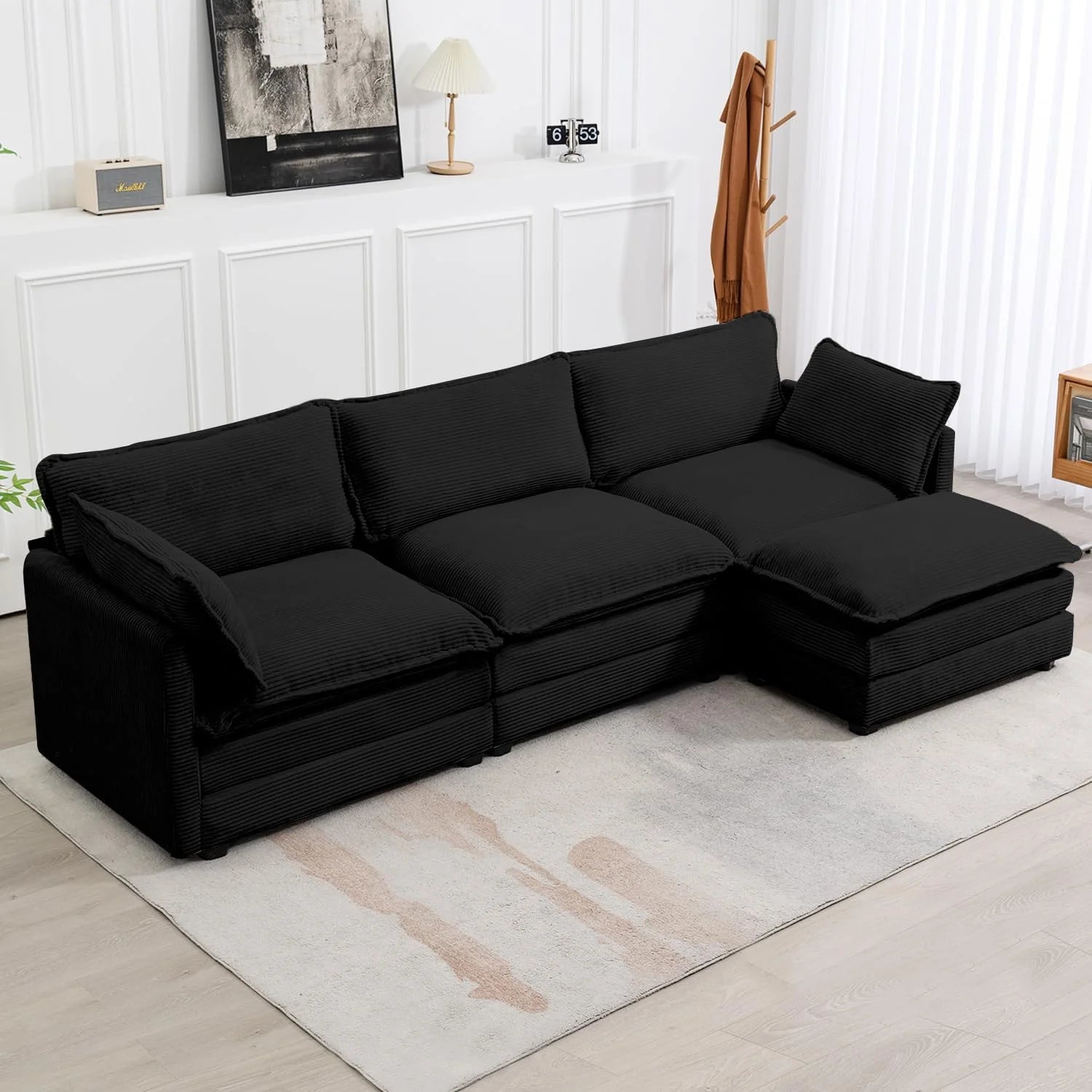 ROWHY Oversized Modular Sectional Sofa with Movable Ottoman, 112 Inch 4 Seat Modern Corduroy Sofa Set, Convertible L Shaped Couch for Living Room and Office, Beige