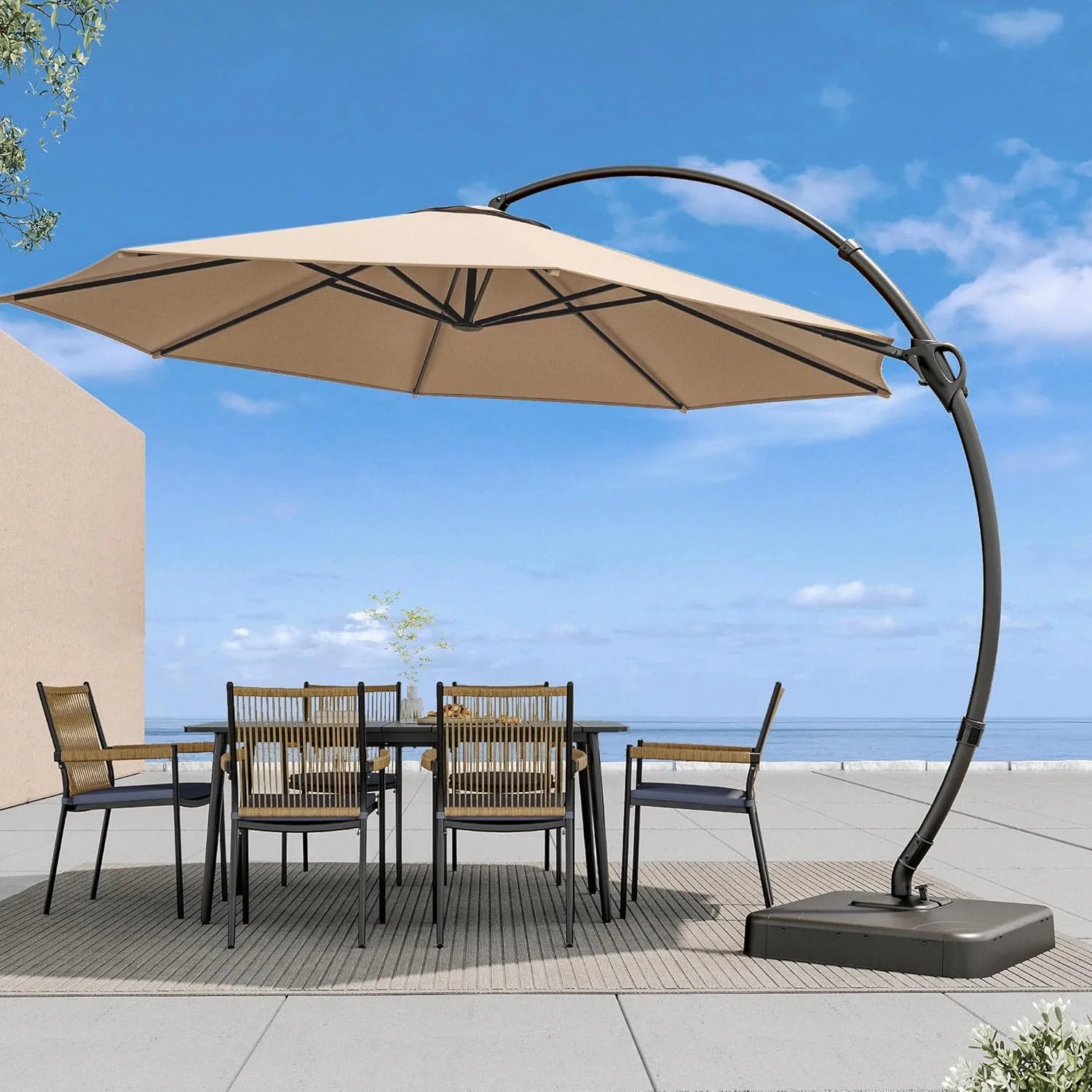 LAUSAINT HOME Outdoor Patio Umbrella with Base included, 11 FT Deluxe Curvy Cantilever Umbrella Heavy Duty Offset Hanging Umbrella with 360° Rotation for Market, Pool, Garden, Backyard, Deck (Beige)