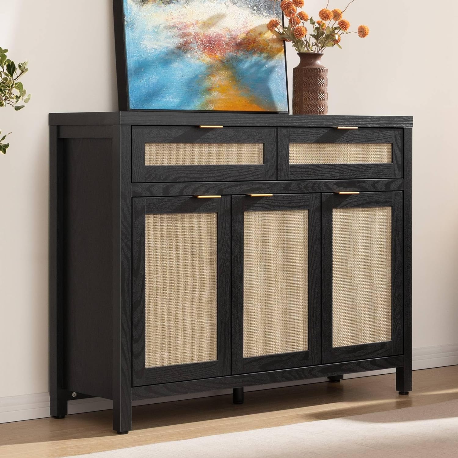 SICOTAS Rattan Sideboard Buffet Cabinet with Storage Boho Credenza Accent Cabinet with 3 Doors