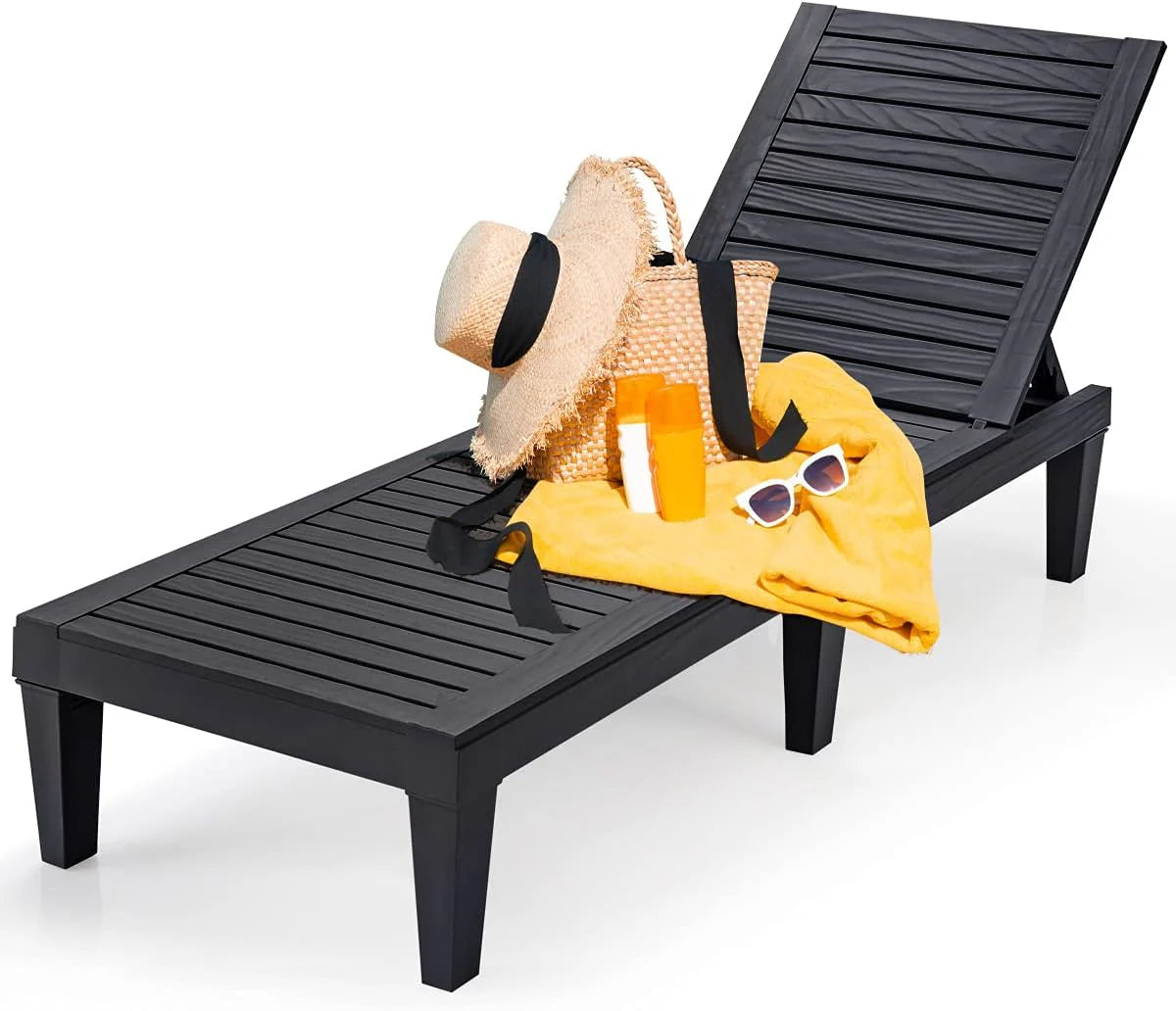 Outdoor Chaise Lounge Chair, Lightweight Patio Lounge Recliner Chair with Adjustable Backrest, 5 Reclining Positions Chaise Lounger for Patio, Beach, Balcony, Poolside, Backyard (1, Black)