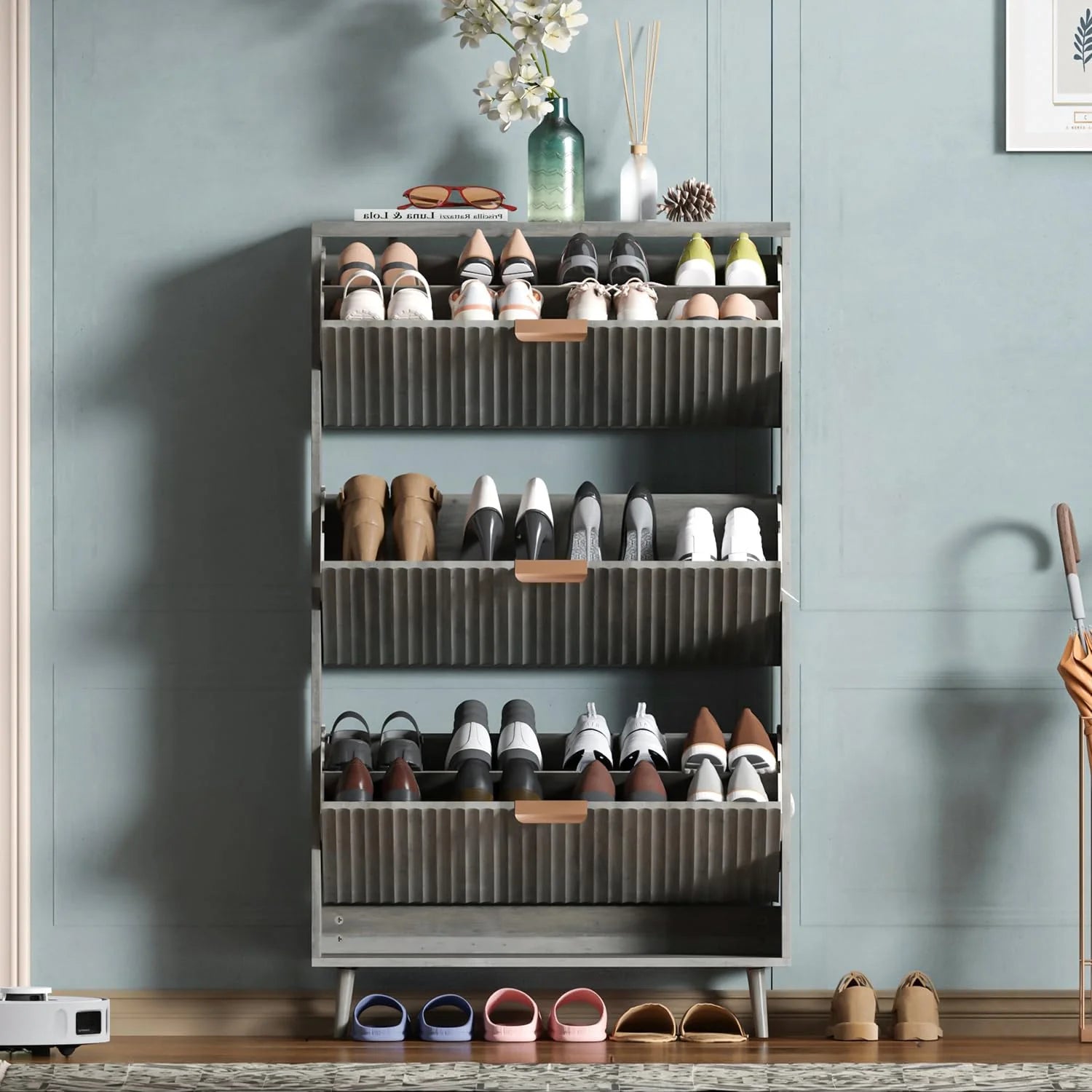Shoe Cabinet Storage Modern Freestanding Organizer with 2 Flip Drawers Narrow Shoe Rack Cabinet