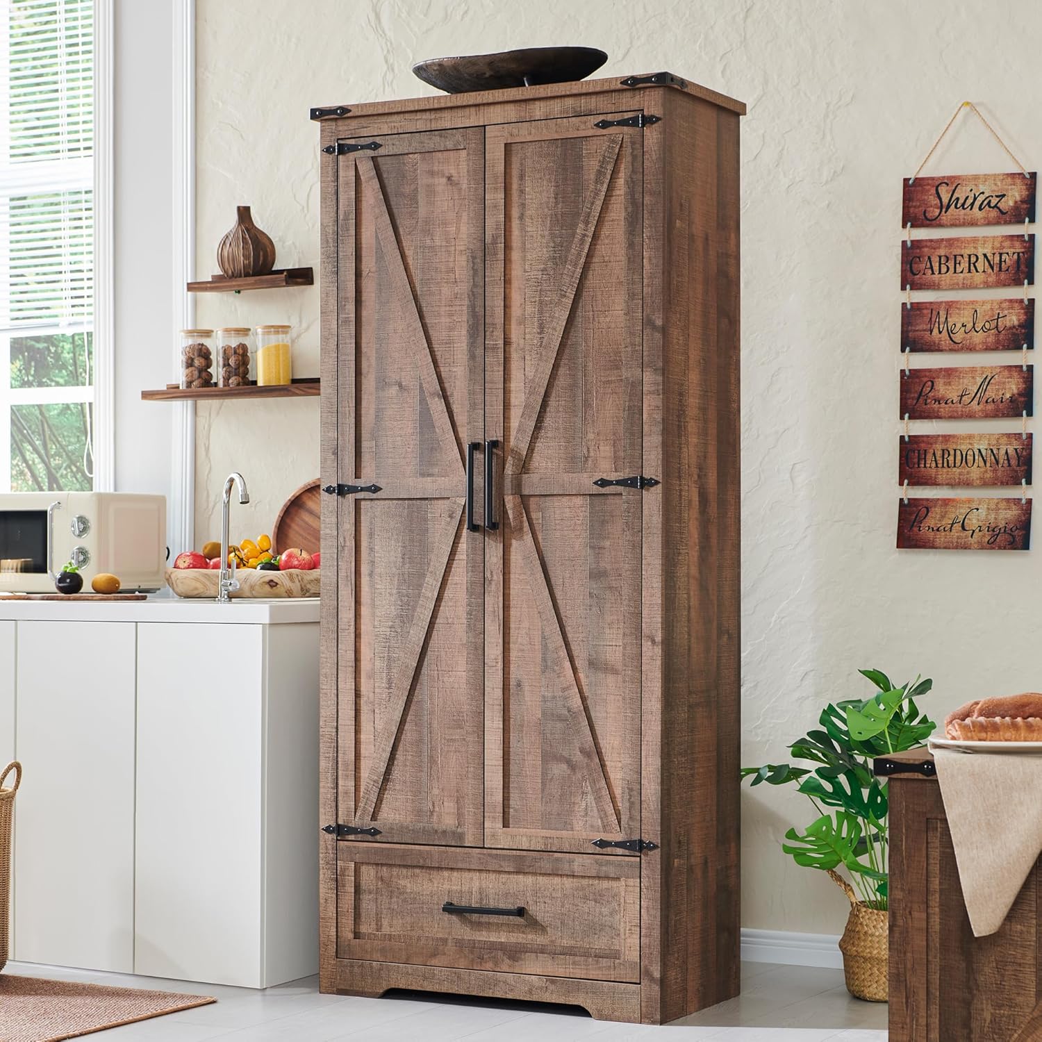 JXQTLINGMU Farmhouse Kitchen Pantry 72" Tall Wood Kitchen Storage Cabinet Adjustable Shelves
