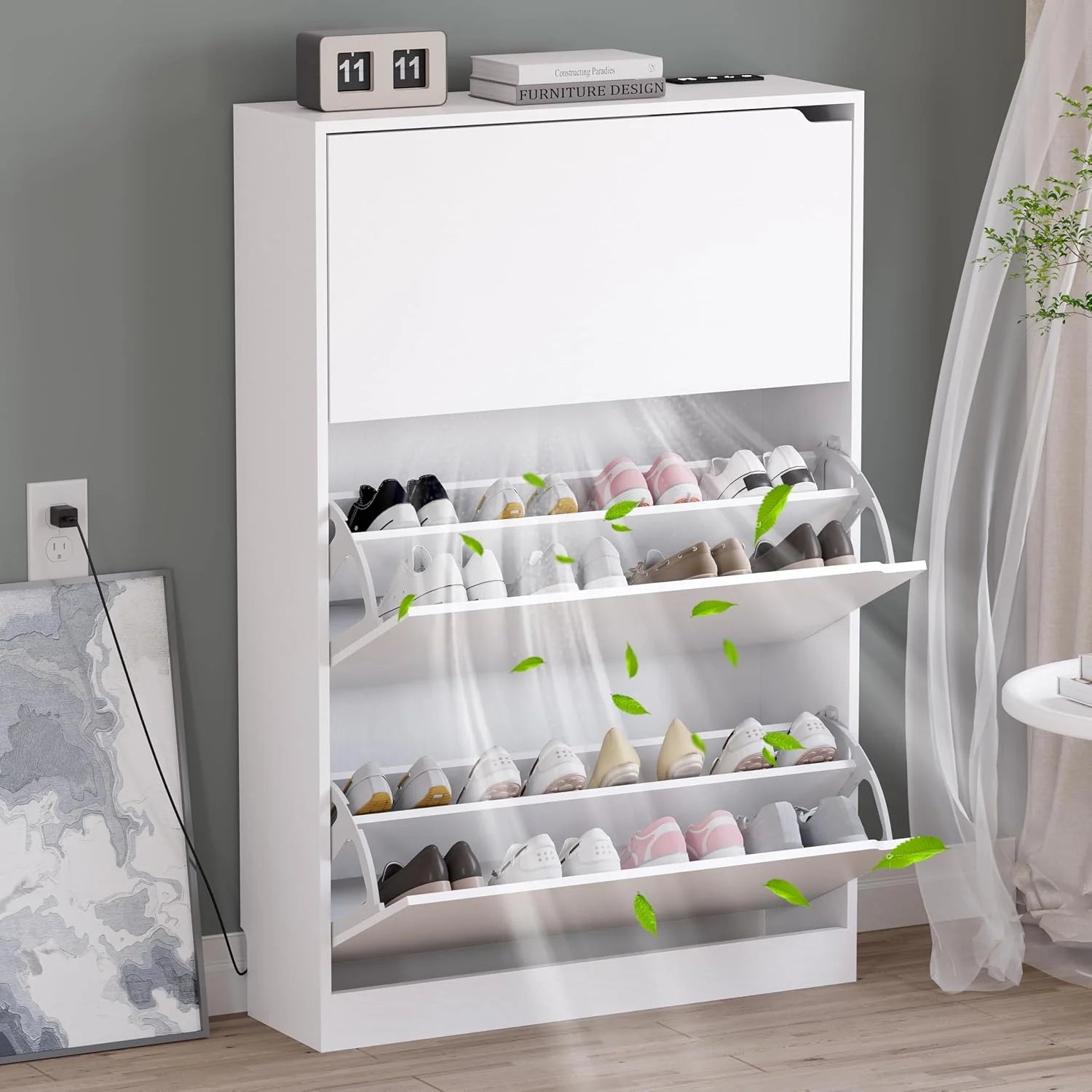 Shoe Cabinet with 3 Flip Drawers, Hidden Wood Shoe Cabinet,Freestanding Shoe Storage Cabinet