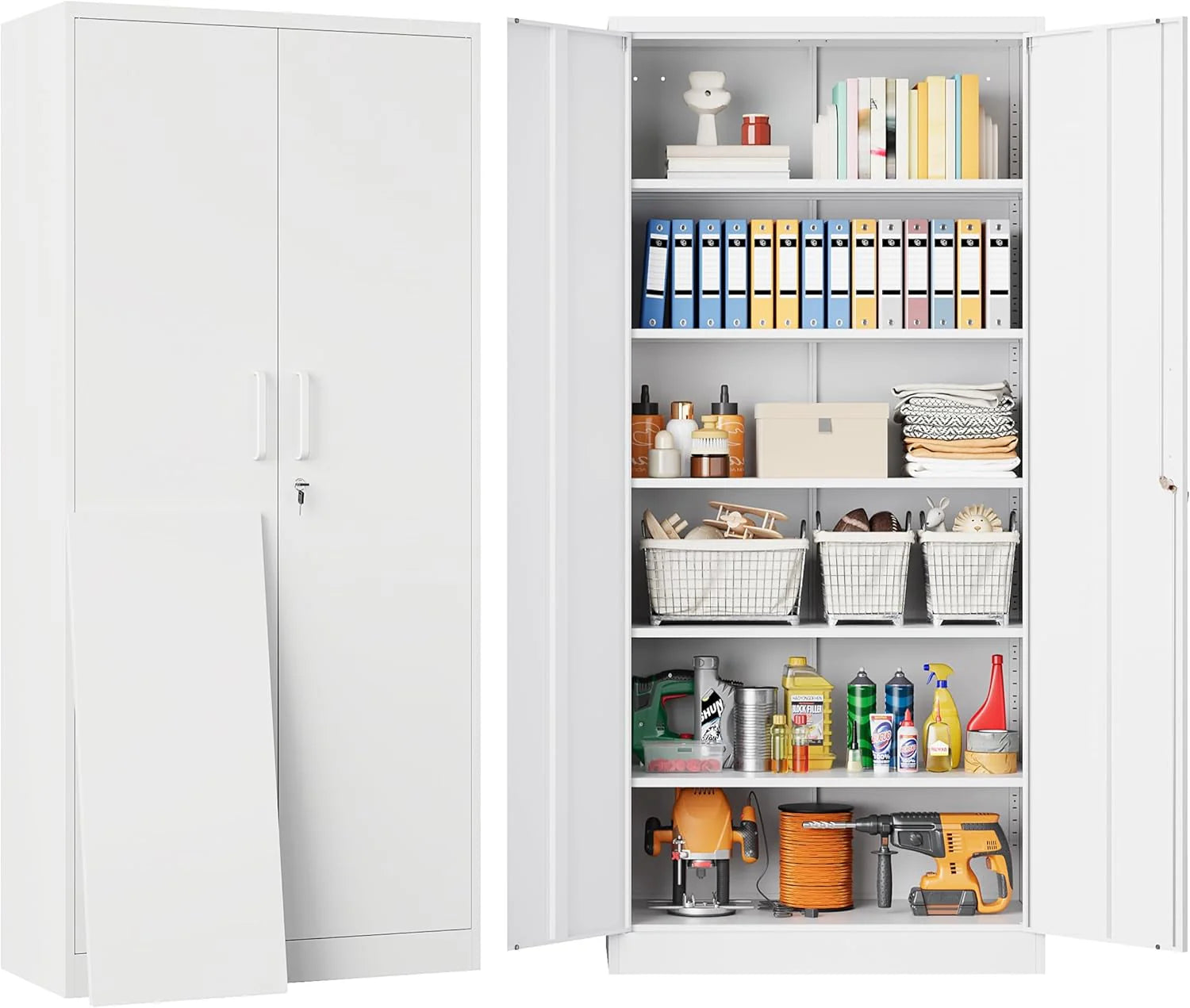 Metal Storage Cabinet with 2 Doors and 6 Shelves,Black Metal Cabinet with Lock,71" Lockable Garage Storage Cabinets,Locking File Cabinet,Steel Tool Cabinets for Home,Office,Garage,Shop,School