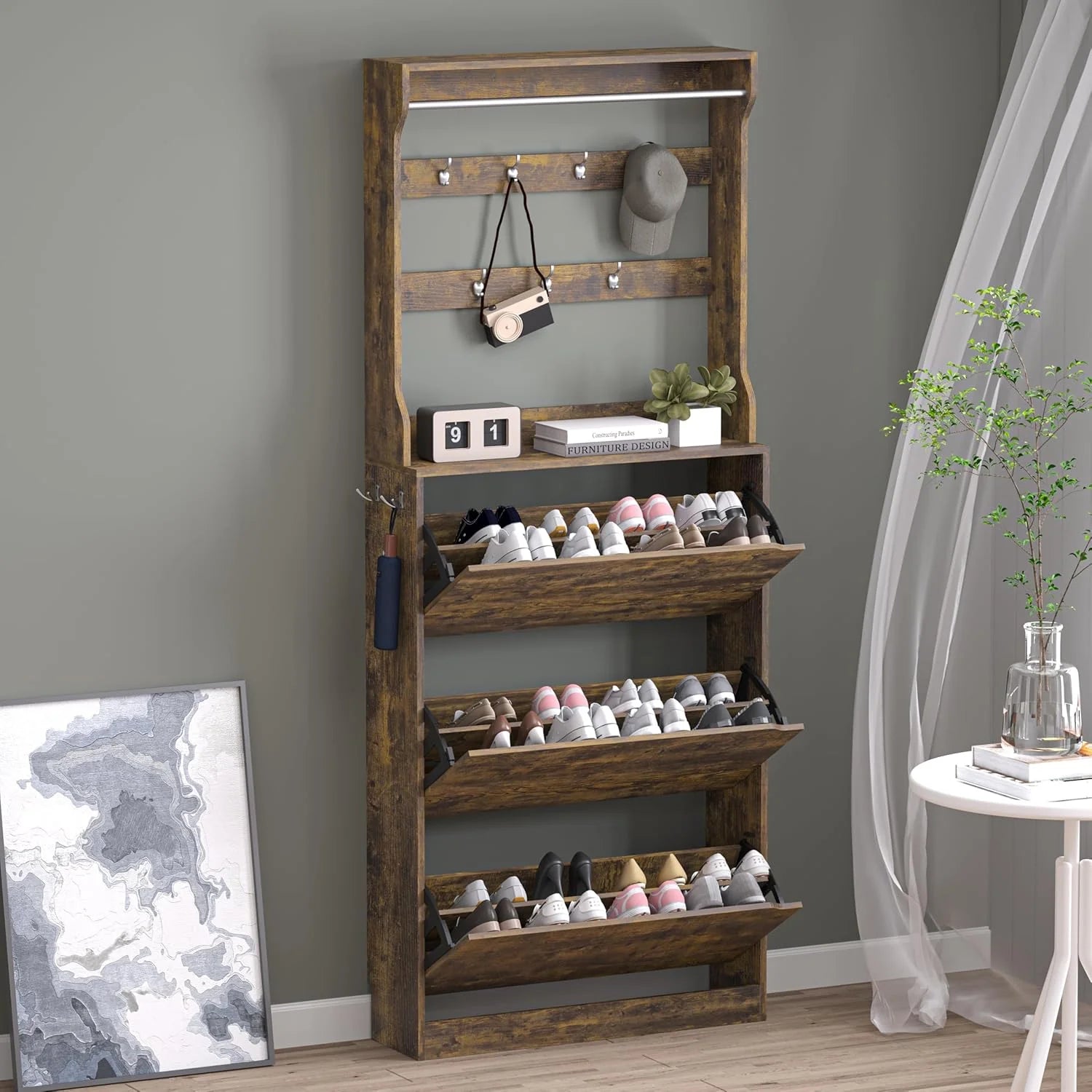 Shoe Cabinet with 3 Flip Drawers, Hidden Wood Shoe Cabinet,Freestanding Shoe Storage Cabinet