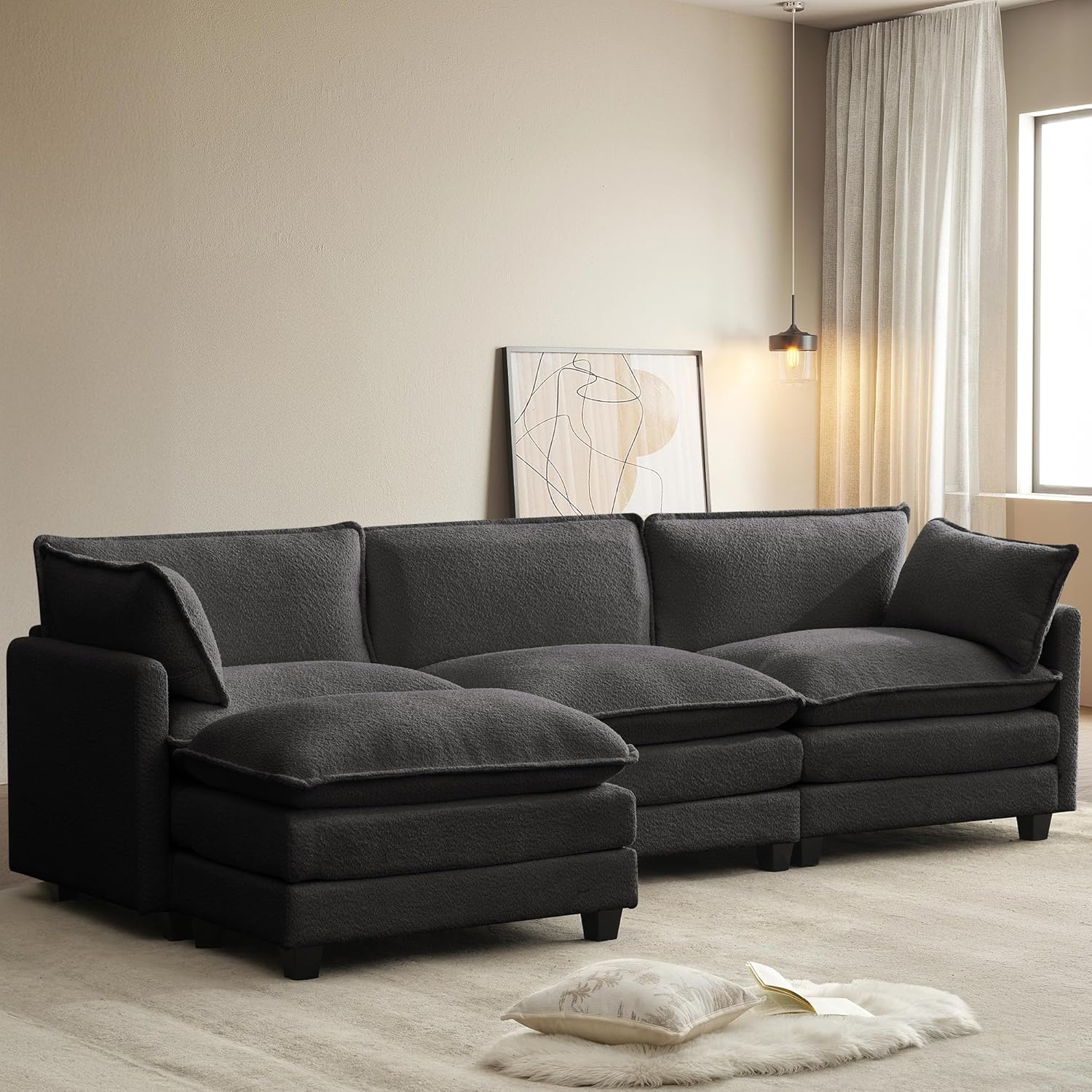 ROWHY Oversized Modular Sectional Sofa with Movable Ottoman, 112 Inch 4 Seat Modern Corduroy Sofa Set, Convertible L Shaped Couch for Living Room and Office, Beige