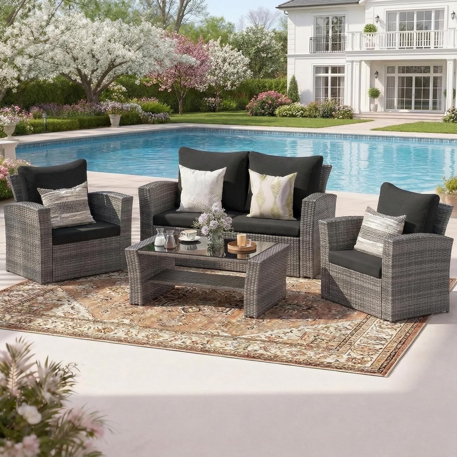 Wisteria Lane 4 Piece Patio Furniture Set, Wicker Outdoor Patio Conversation Furniture Set, All Weather Outdoor Patio Sofa with Cushion and Glass Table, Navy Blue