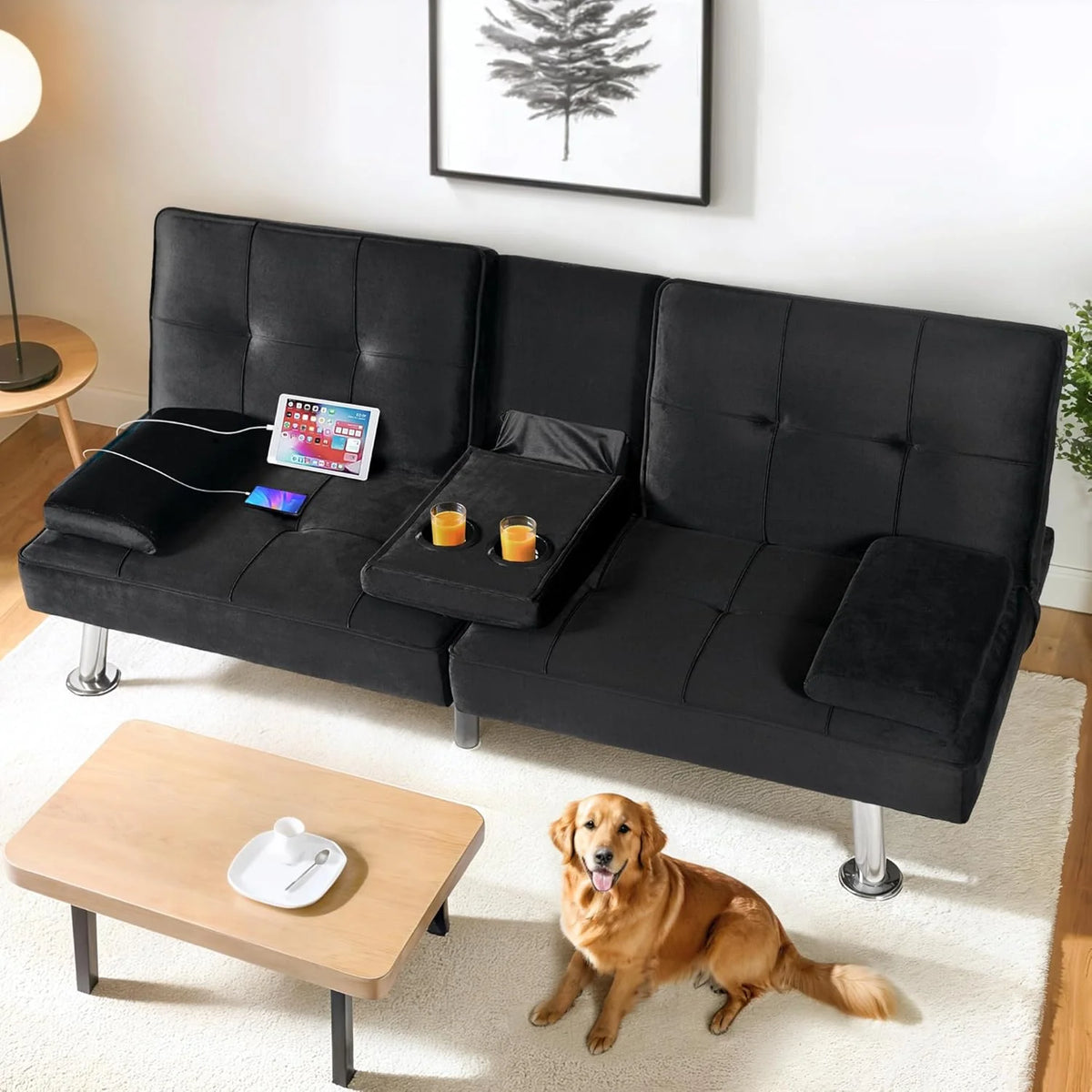 FLEXISPOT XCT3 Futon Sofa Bed with USB Charging Port Convertible Sleeper Couch
