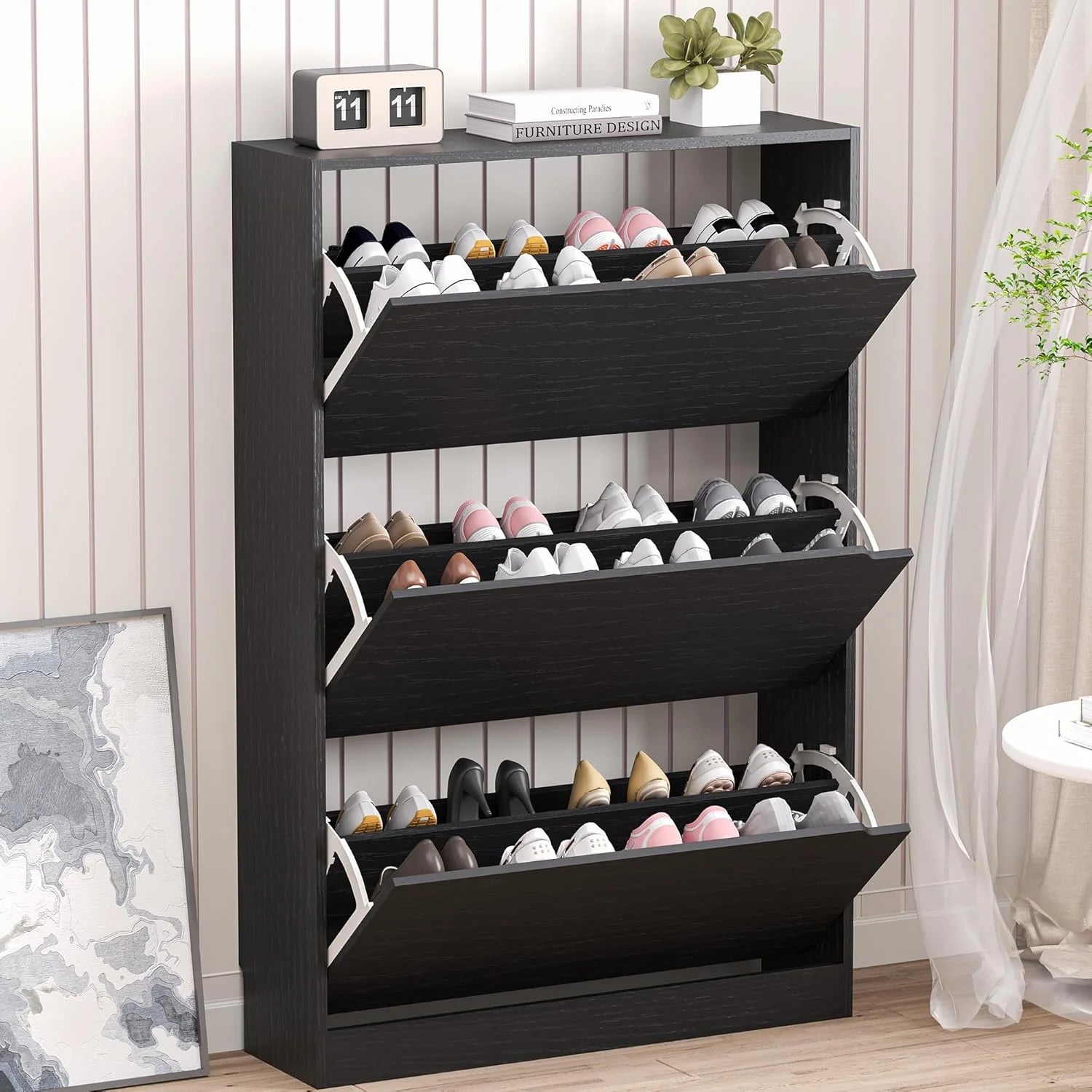 Shoe Cabinet with 3 Flip Drawers, Hidden Wood Shoe Cabinet,Freestanding Shoe Storage Cabinet
