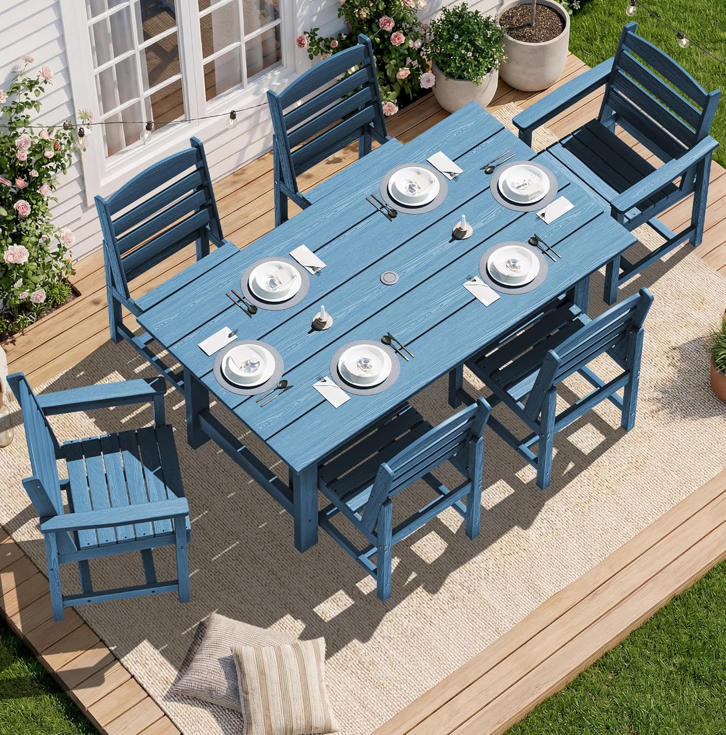 SERWALL 7-Piece Patio Dining Table Sets, Outdoor HDPE Dining Furniture Set with Umbrella Hole Cut-Out Table and 6 Chairs, Blue