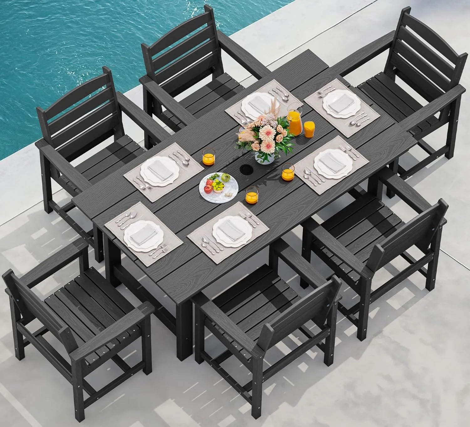 SERWALL 7-Piece Patio Dining Table Sets, Outdoor HDPE Dining Furniture Set with Umbrella Hole Cut-Out Table and 6 Chairs, Blue