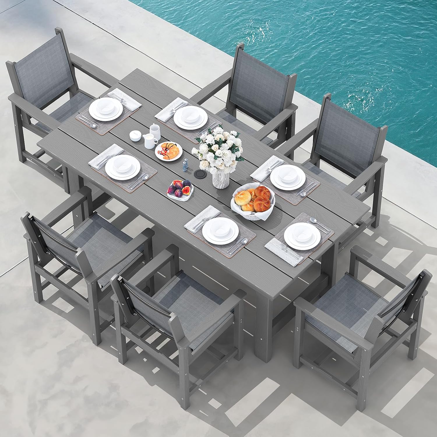 SERWALL 7-Piece Patio Dining Table Sets, Outdoor HDPE Dining Furniture Set with Umbrella Hole Cut-Out Table and 6 Chairs, Blue