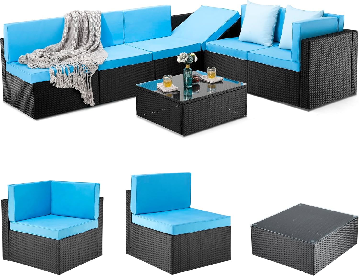 Pamapic 7-Piece Outdoor Sectional Furniture Set, All-Weather Wicker Patio Sofa with Washable Cushions, Gray Waterproof Rattan Conversation Set for Backyard, Poolside, Garden (Gray Cushions)