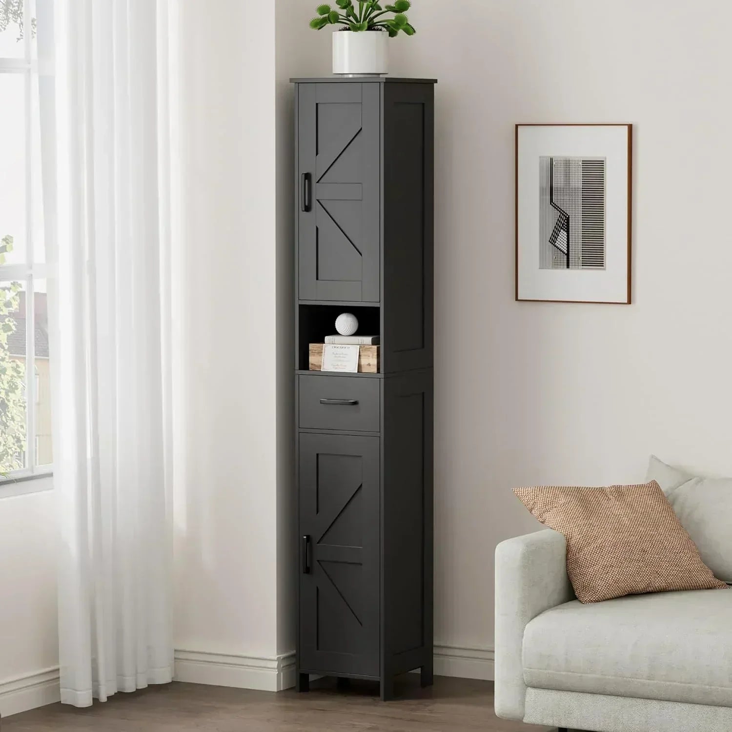 Homhedy 67" H Tall Bathroom Storage Cabinet with 2 Barn Doors and 1 Drawer Narrow Storage Unit