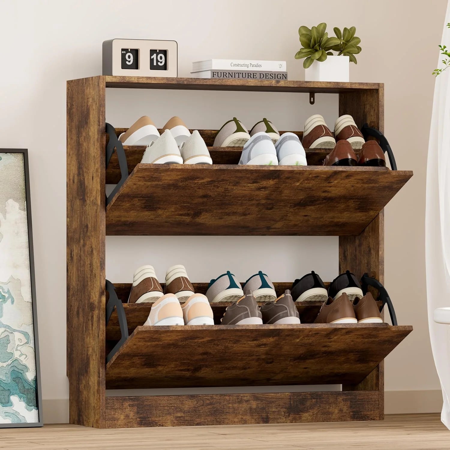 Shoe Cabinet with 3 Flip Drawers, Hidden Wood Shoe Cabinet,Freestanding Shoe Storage Cabinet