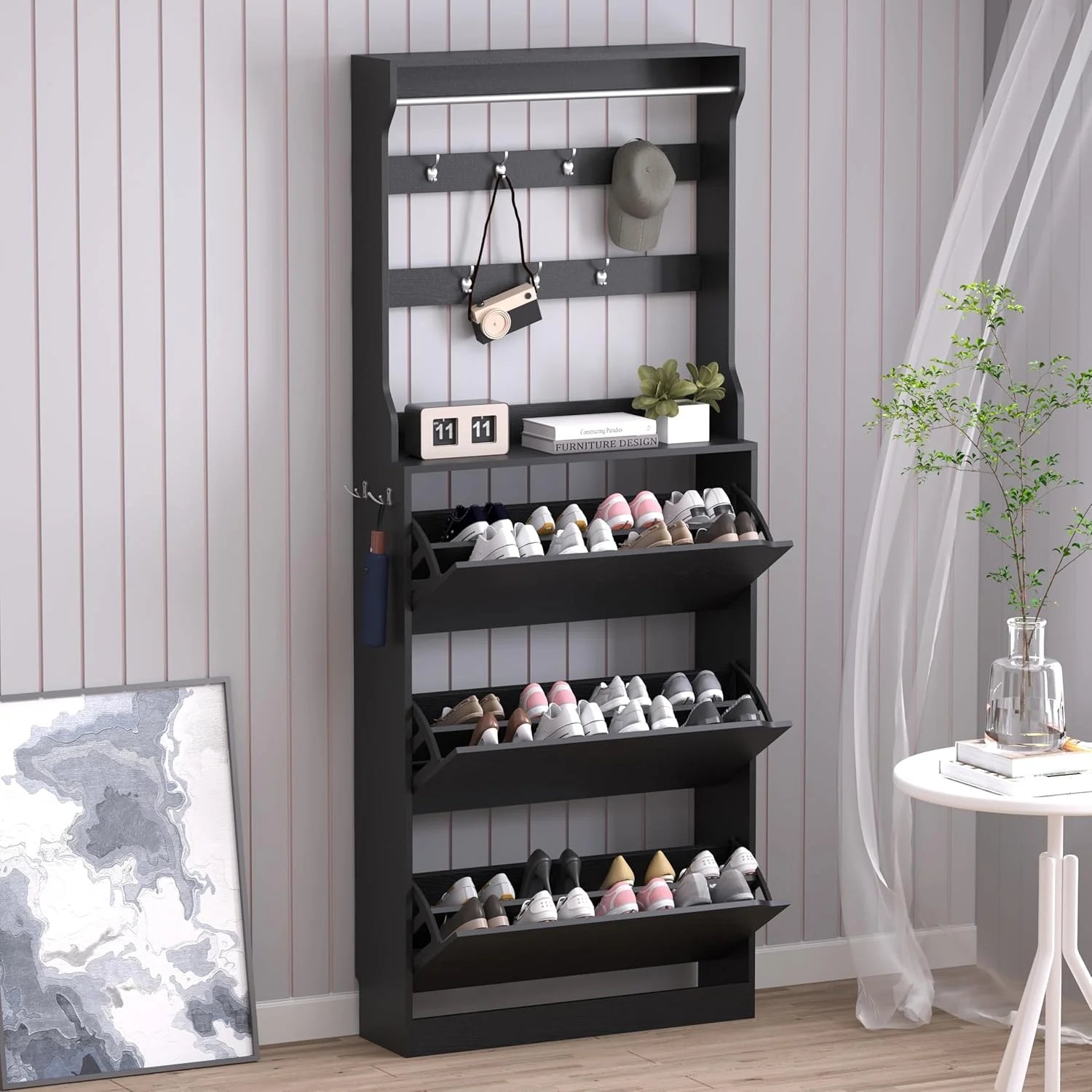 Shoe Cabinet with 3 Flip Drawers Hidden Wood Shoe Cabinet Freestanding Shoe Storage Cabinet
