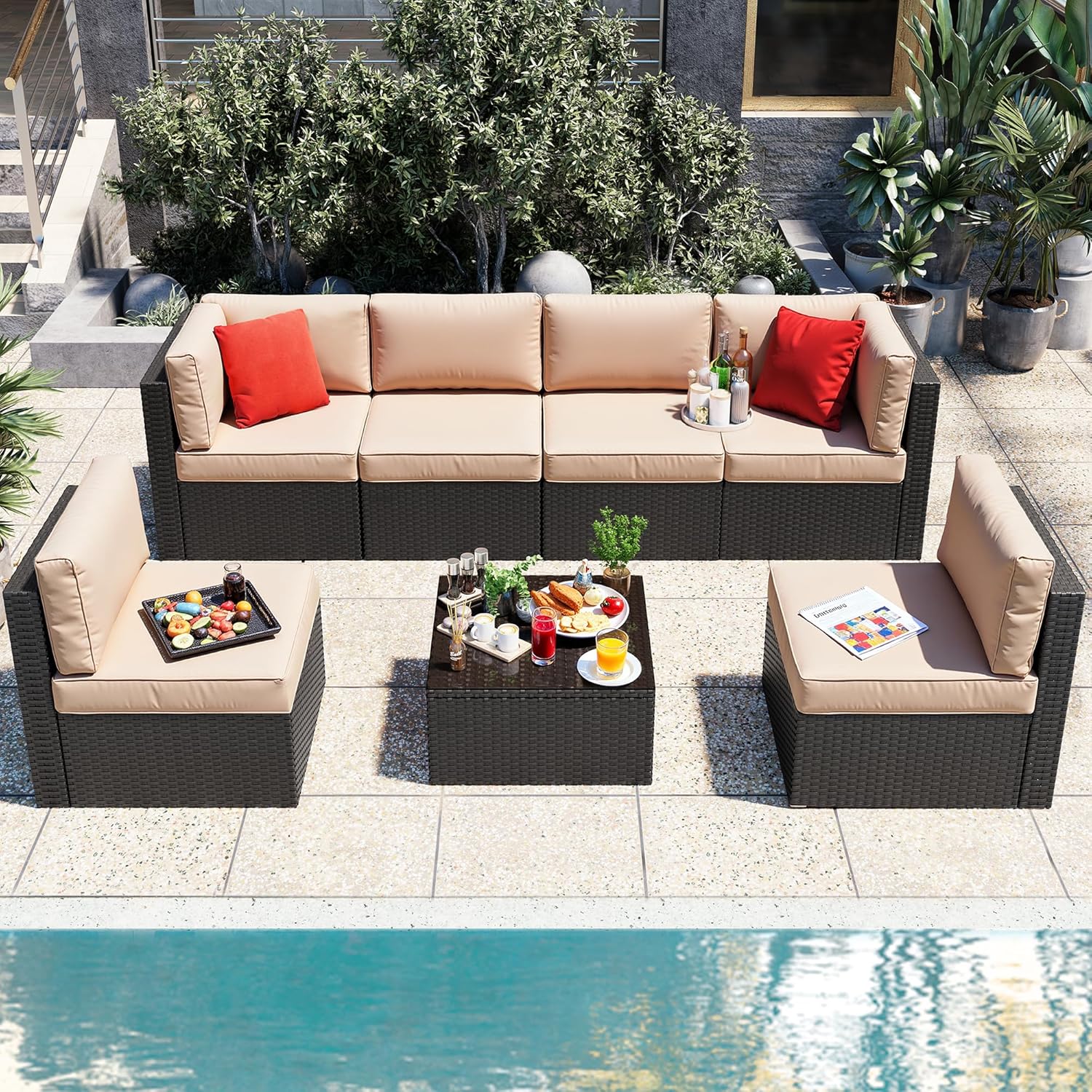 Vongrasig 5 Piece Patio Furniture Sets, Outdoor Patio Set Sectional Sofa, All-Weather PE Rattan Outdoor Couch with Ottoman, Glass Table for Garden, Backyard, Porch, Beige