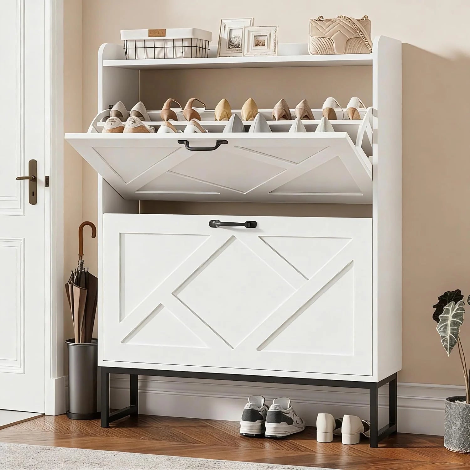 Nicetree Shoe Cabinet with 2 Flip Drawers Freestanding Shoe Storage Cabinet Narrow Shoe Cabinet