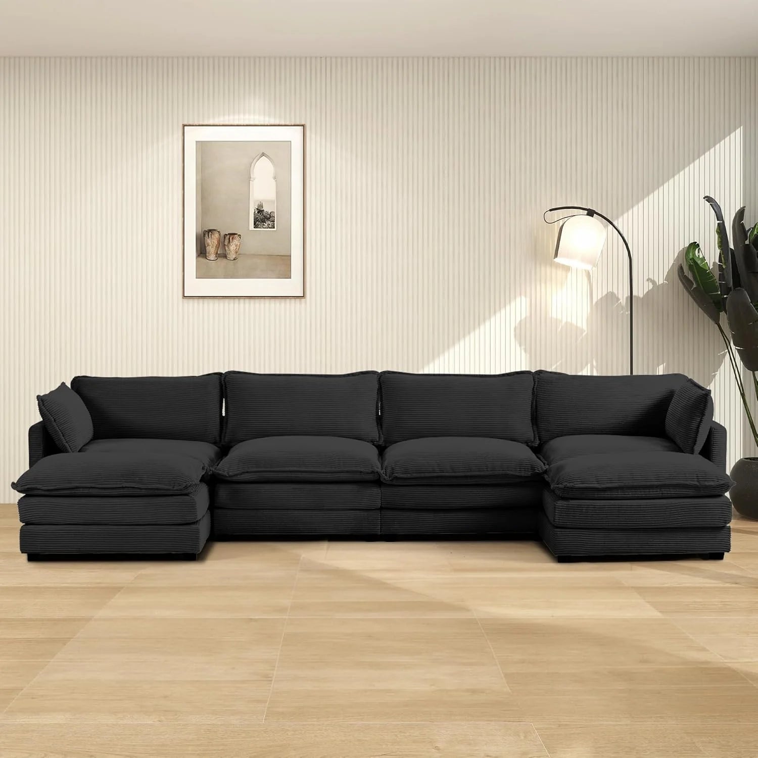 ROWHY Oversized Modular Sectional Sofa with Movable Ottoman, 112 Inch 4 Seat Modern Corduroy Sofa Set, Convertible L Shaped Couch for Living Room and Office, Beige