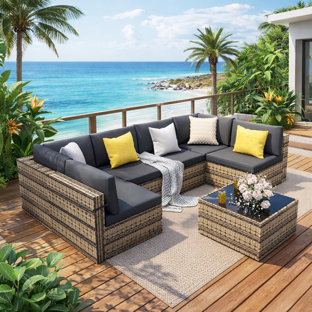 Pamapic 7-Piece Outdoor Sectional Furniture Set, All-Weather Wicker Patio Sofa with Washable Cushions, Gray Waterproof Rattan Conversation Set for Backyard, Poolside, Garden (Gray Cushions)