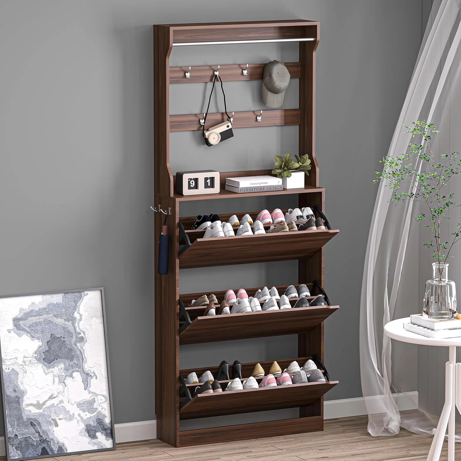 Shoe Cabinet with 3 Flip Drawers, Hidden Wood Shoe Cabinet,Freestanding Shoe Storage Cabinet