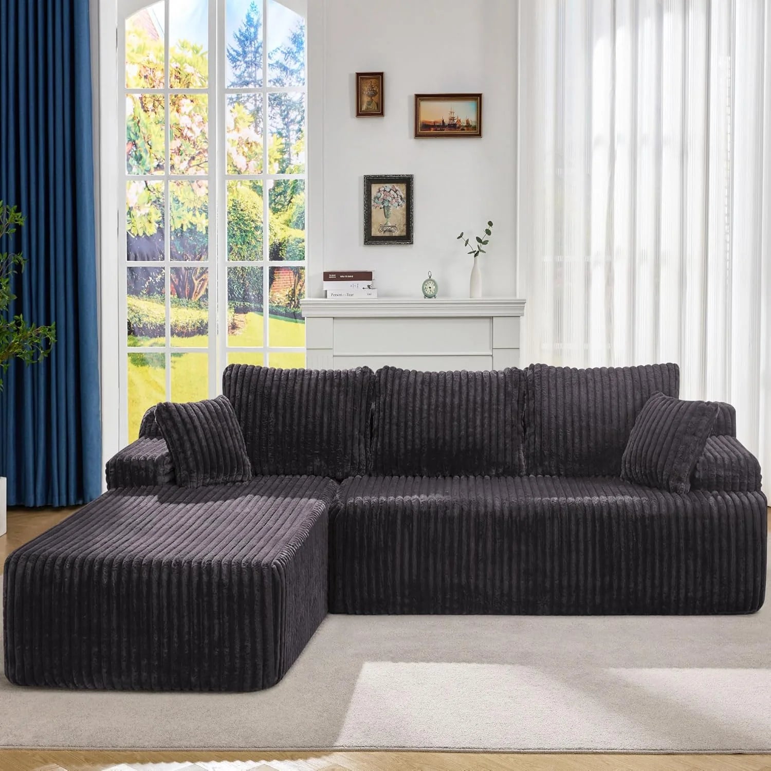 Modular Sectional Sofa Couches L-Shape Couch 3 Seat Modular Sofa Memory Foam Sectional Couches for Living Room, Cloud Couch with Oversized Chaise (Grey Stripe, 96" Left Facing Chaise)