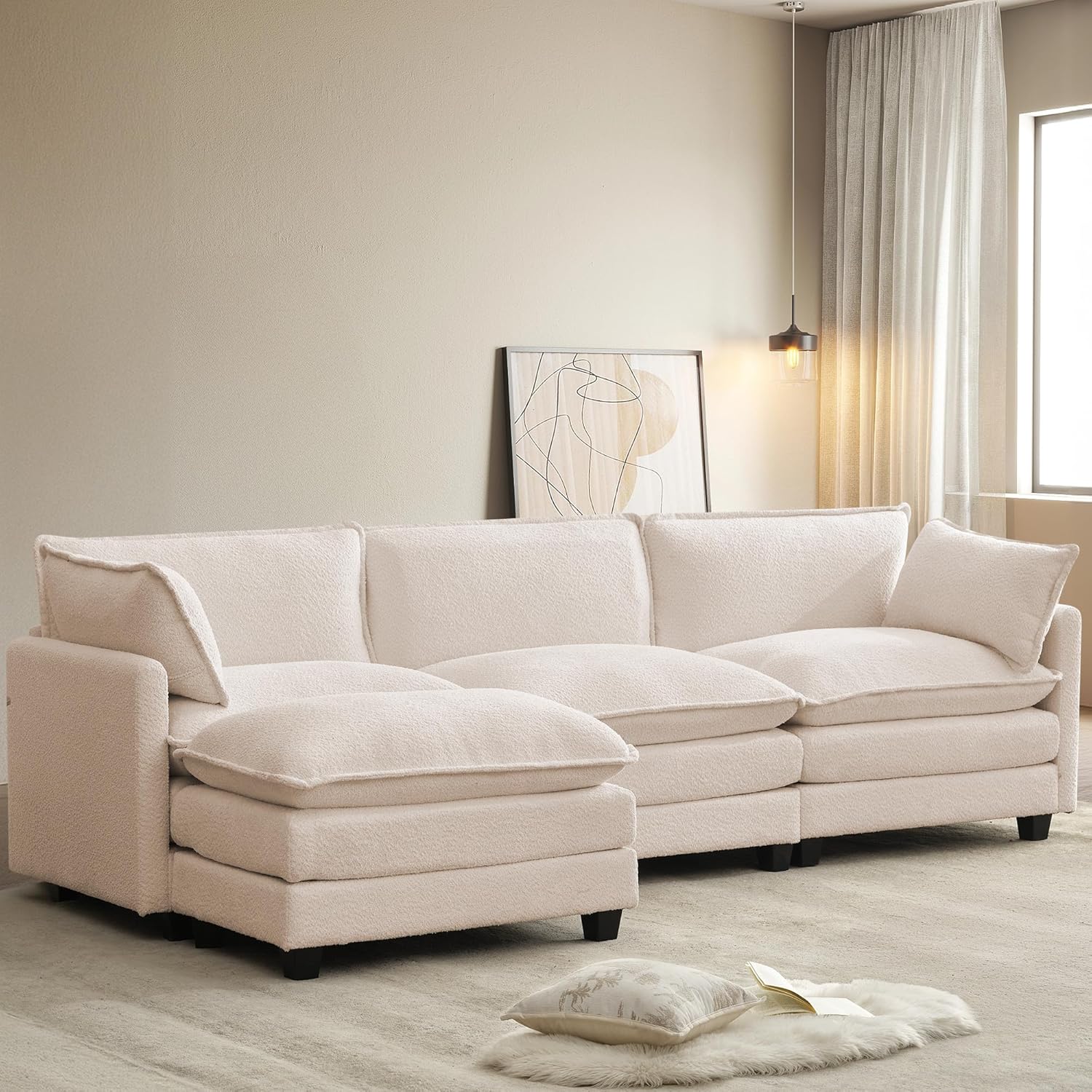 ROWHY Oversized Modular Sectional Sofa with Movable Ottoman, 112 Inch 4 Seat Modern Corduroy Sofa Set, Convertible L Shaped Couch for Living Room and Office, Beige