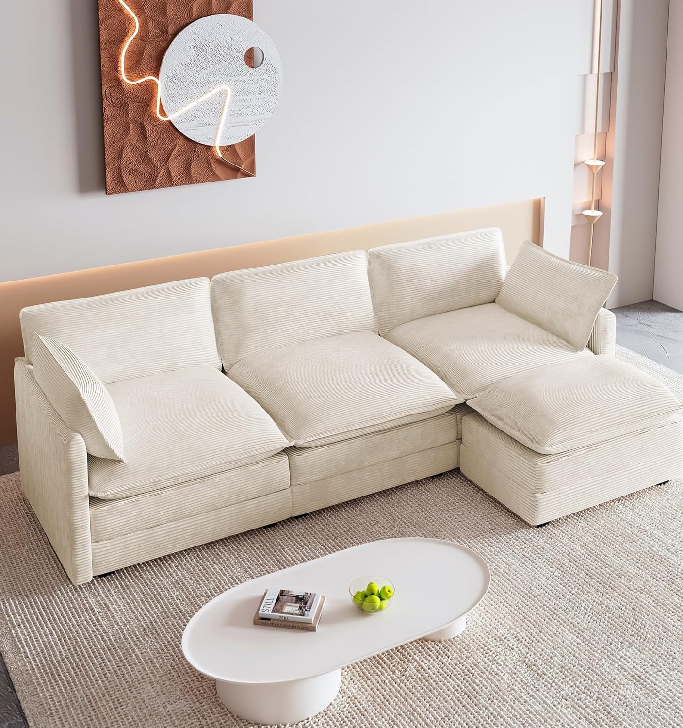 ROWHY Oversized Modular Sectional Sofa with Movable Ottoman, 112 Inch 4 Seat Modern Corduroy Sofa Set, Convertible L Shaped Couch for Living Room and Office, Beige