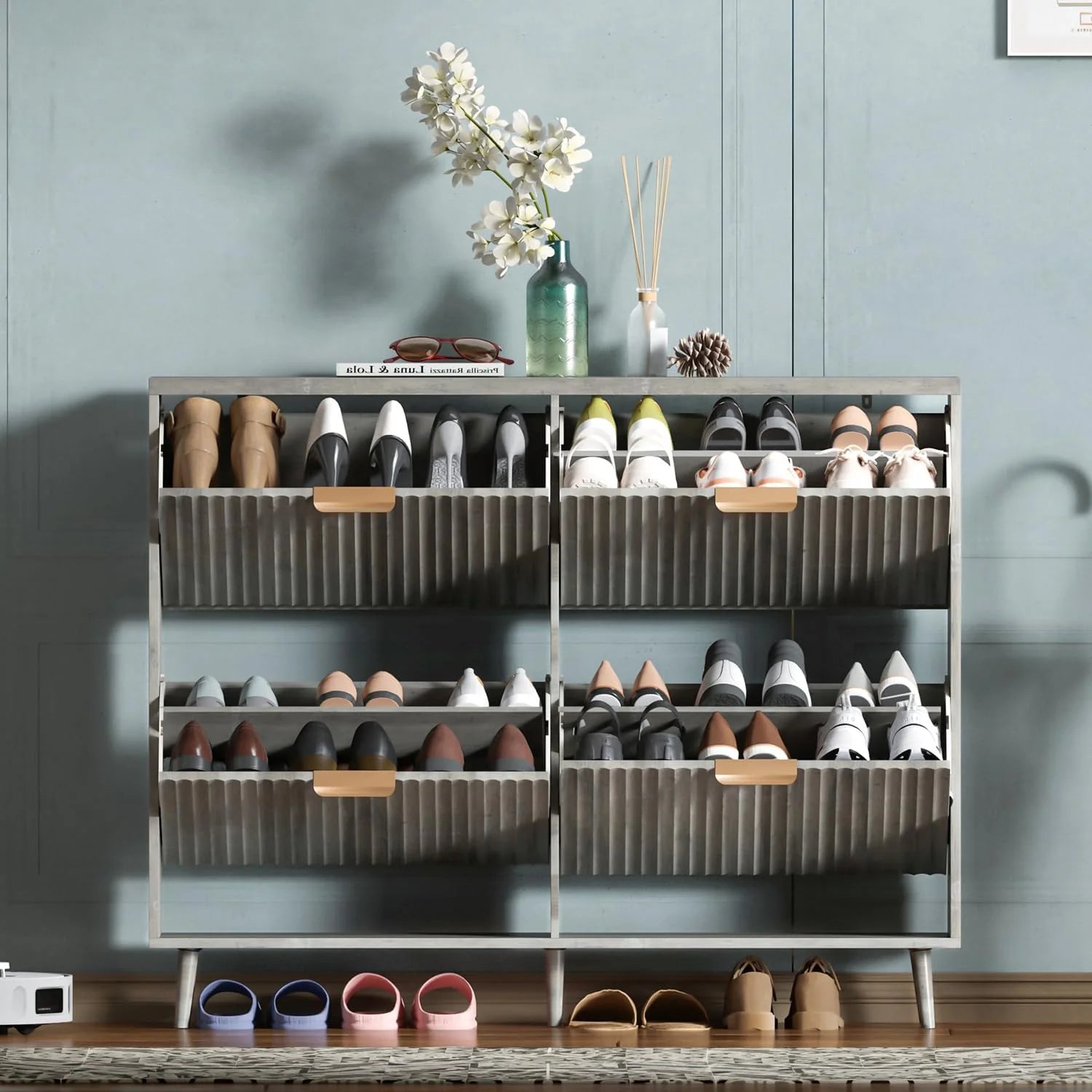 Shoe Cabinet Storage Modern Freestanding Organizer with 2 Flip Drawers Narrow Shoe Rack Cabinet