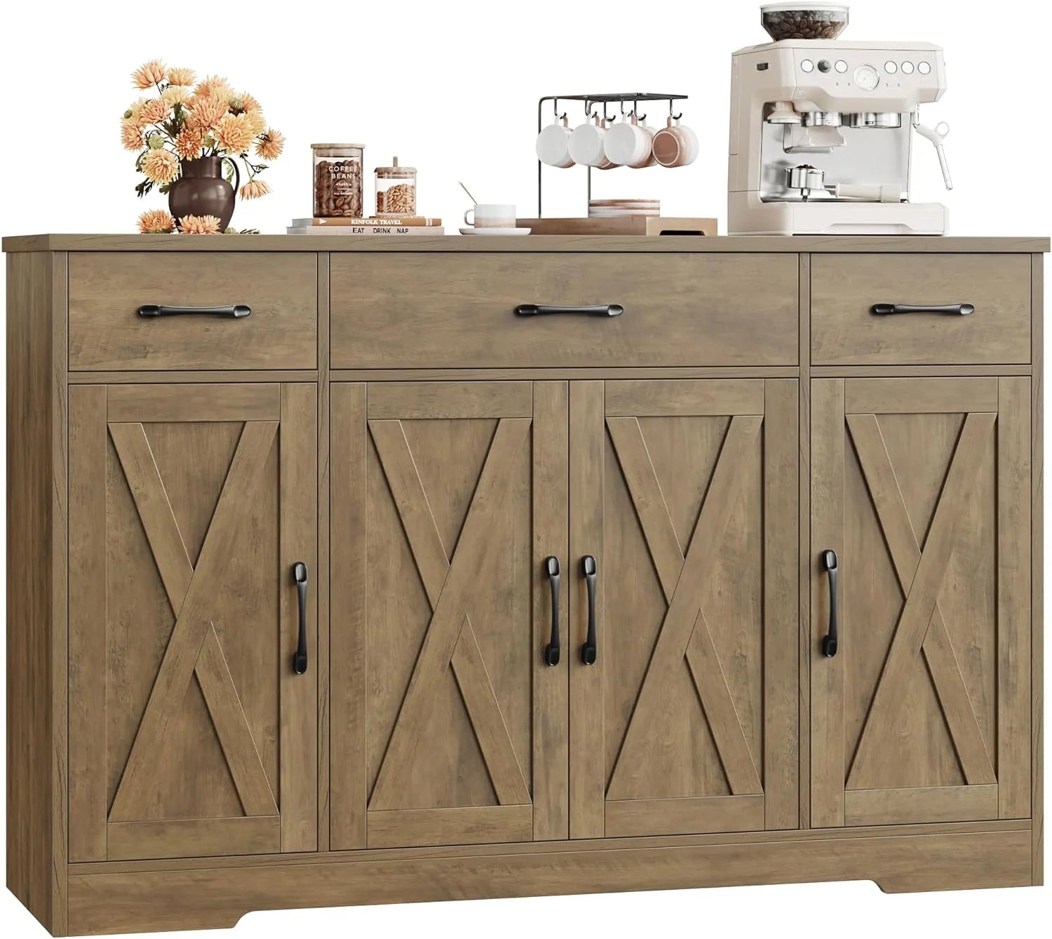 HOSTACK Buffet Cabinet with Drawers, 55" Large Sideboard Buffet Storage Cabinet with Shelves and Doors, Modern Farmhouse Coffee Bar Station Wood Kitchen Table for Kitchen, Dining Room, White/Rustic