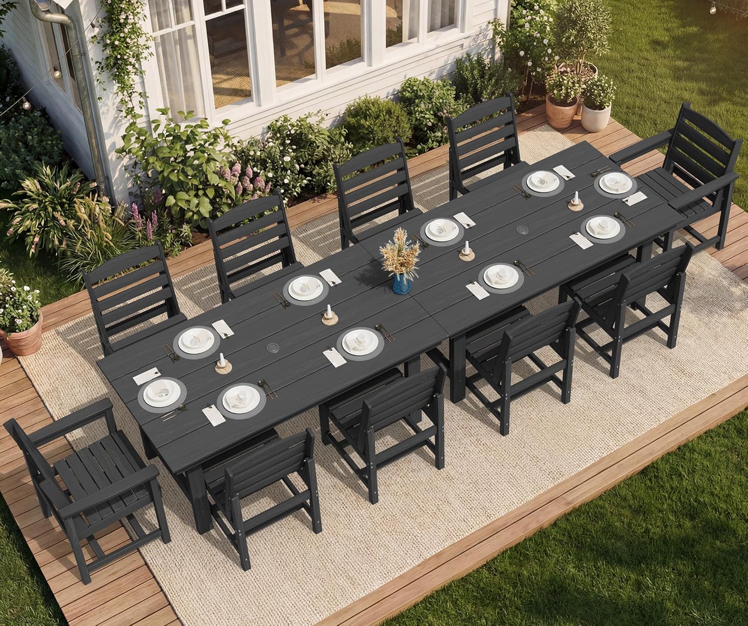 SERWALL 7-Piece Patio Dining Table Sets, Outdoor HDPE Dining Furniture Set with Umbrella Hole Cut-Out Table and 6 Chairs, Blue