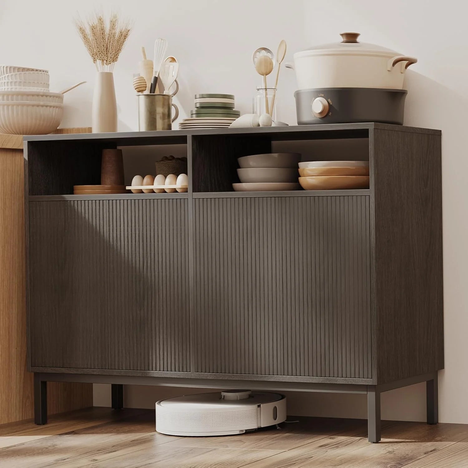 Mericonia Farmhouse Buffet Sideboard Cabinet with Storage Fluted Coffee Bar with Doors