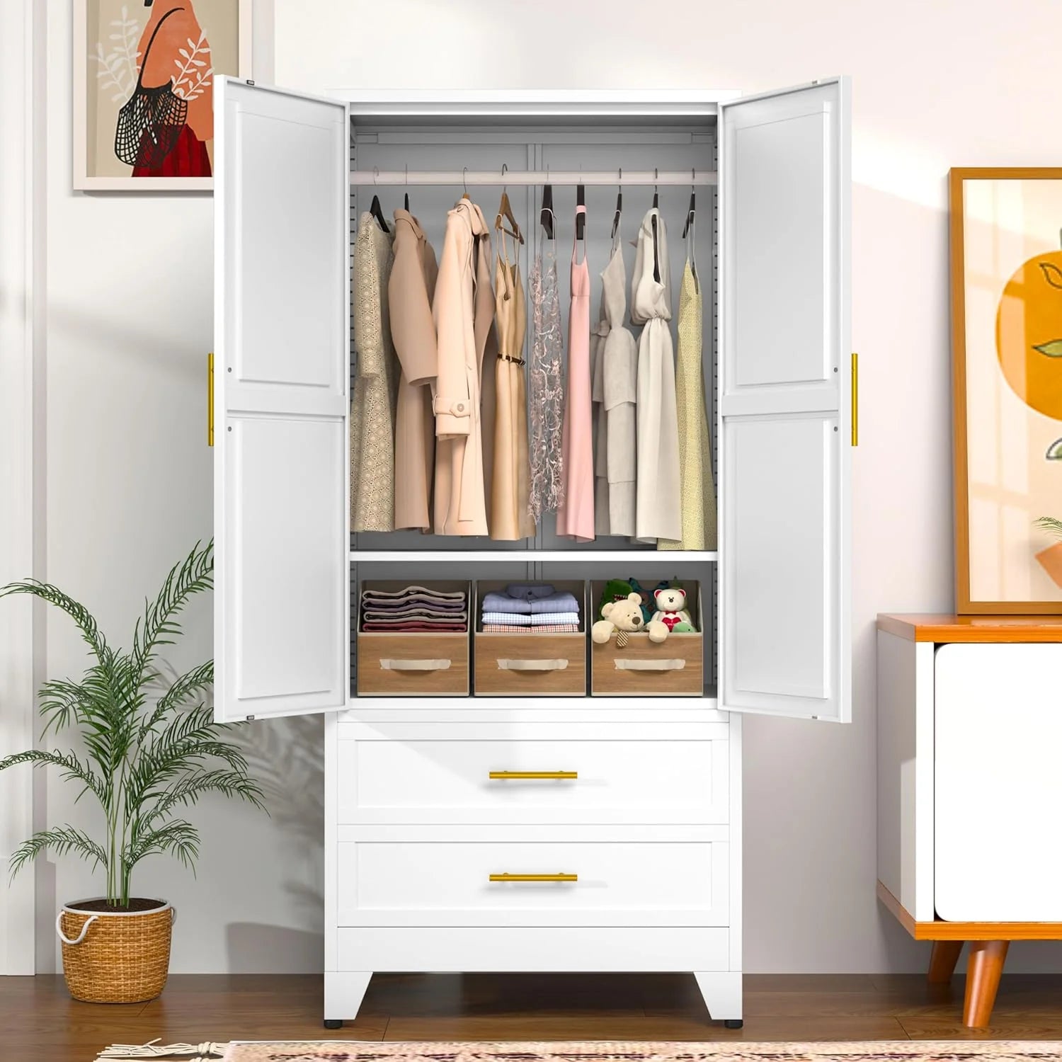 Steel Armoire Wardrobe Closet, 71" Metal Clothing Storage Cabinets