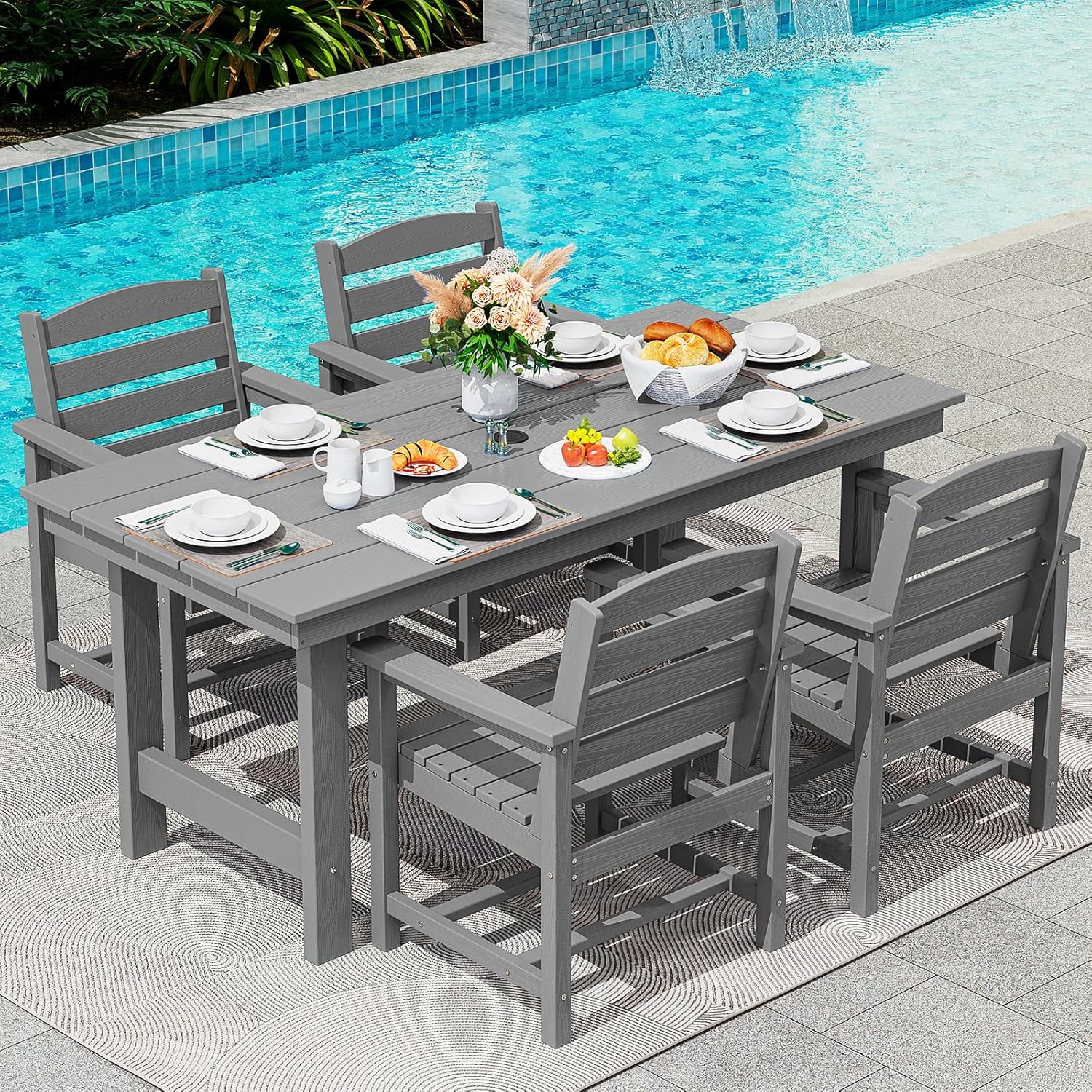 SERWALL 7-Piece Patio Dining Table Sets, Outdoor HDPE Dining Furniture Set with Umbrella Hole Cut-Out Table and 6 Chairs, Blue