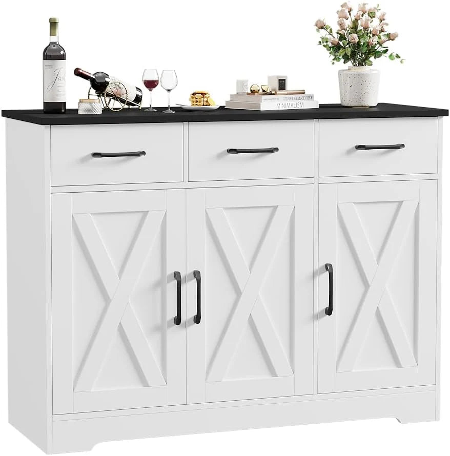 Modern farmhouse sideboard, barn door buffet storage cabinet with drawers and shelves, wooden coffee bar with storage