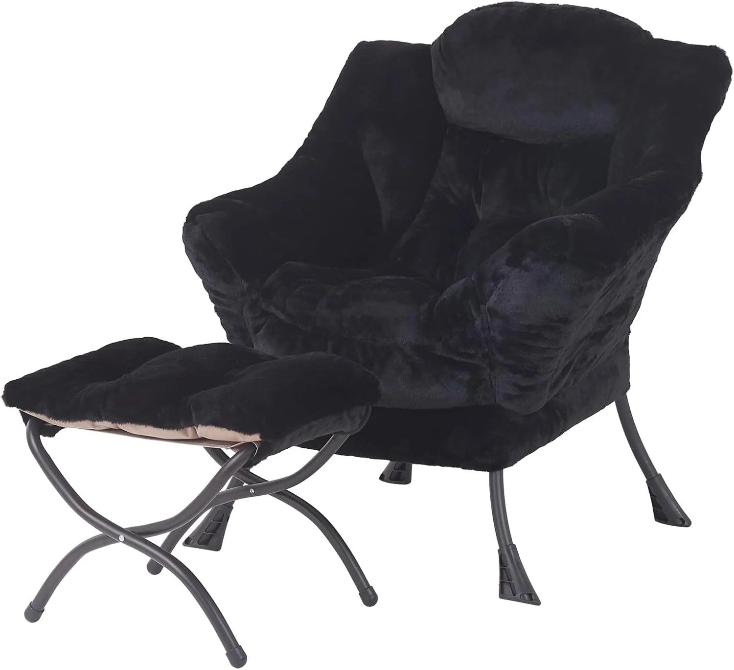 Welnow Lazy Chair with Ottoman, Modern Accent Chair with Armrests and a Side Pocket, Leisure Sofa Armchair, Reading Armchair with Footrest for Small Space, Dark Grey