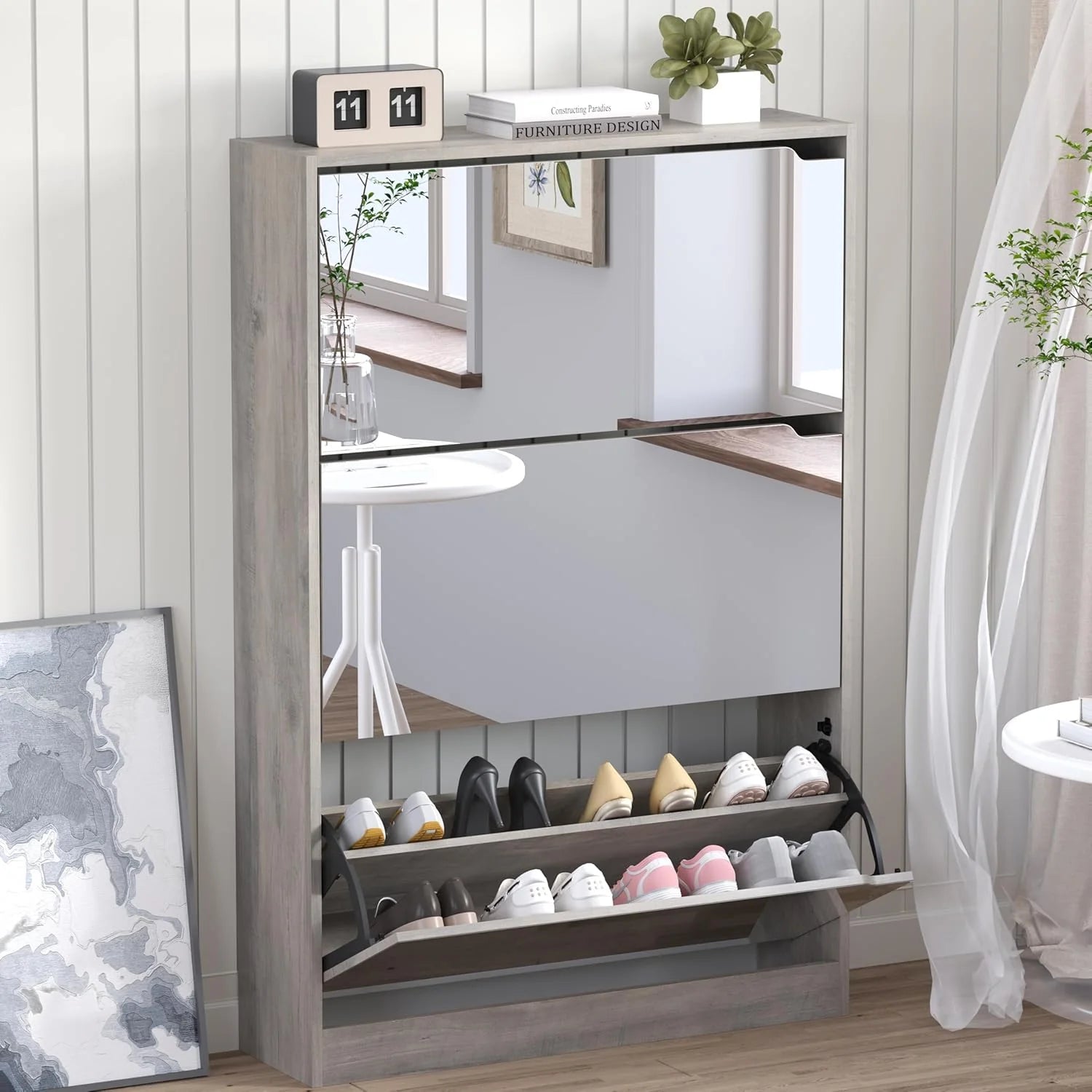 Shoe Cabinet with 3 Flip Drawers, Hidden Wood Shoe Cabinet,Freestanding Shoe Storage Cabinet