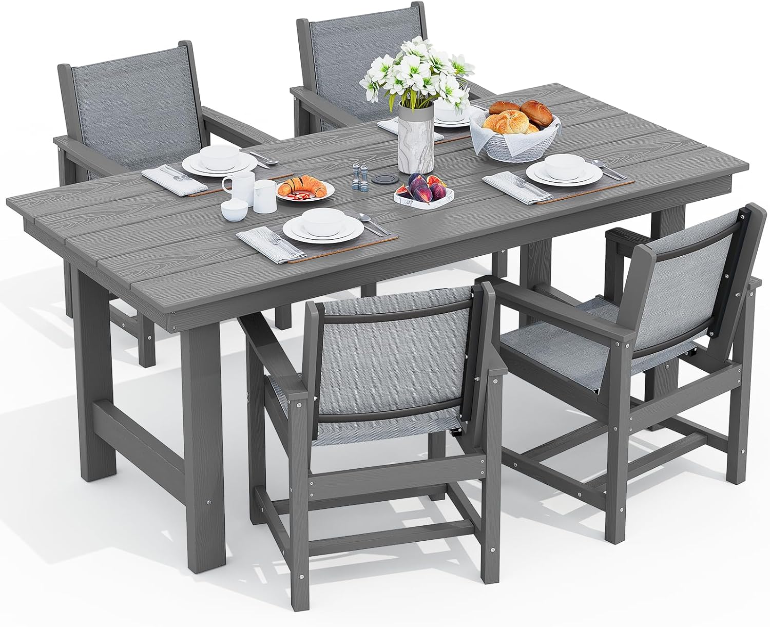 SERWALL 7-Piece Patio Dining Table Sets, Outdoor HDPE Dining Furniture Set with Umbrella Hole Cut-Out Table and 6 Chairs, Blue